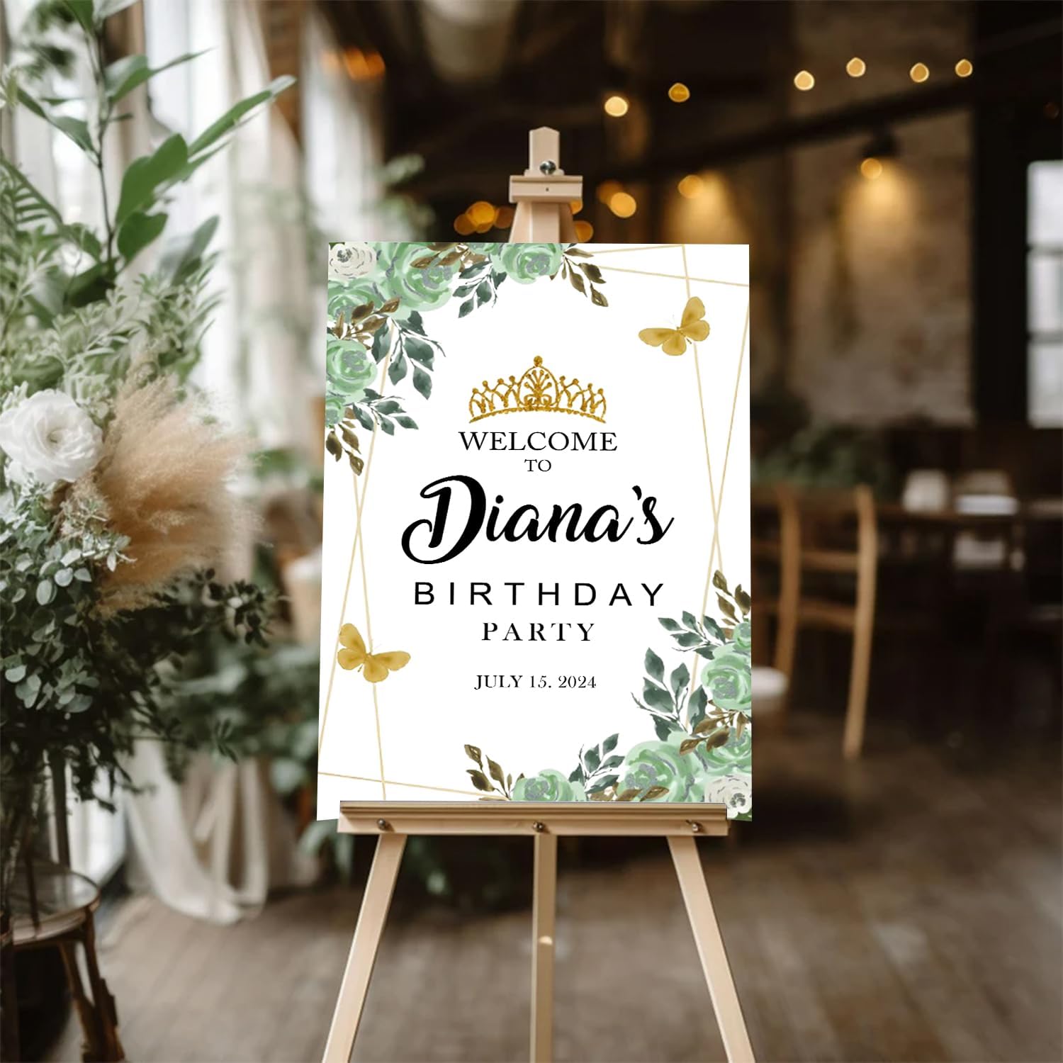 Happy Birthday Welcome Sign with Green Roses, Gold Glitter Butterfly - Party Decor