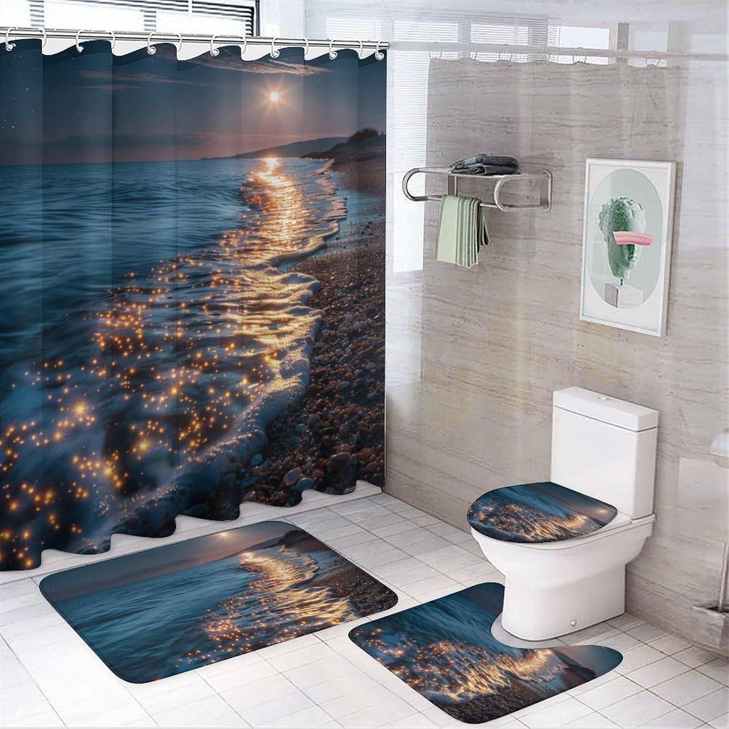 Modern Ocean Beach Shower Curtain Sets with Toilet Lid Cover and Rugs