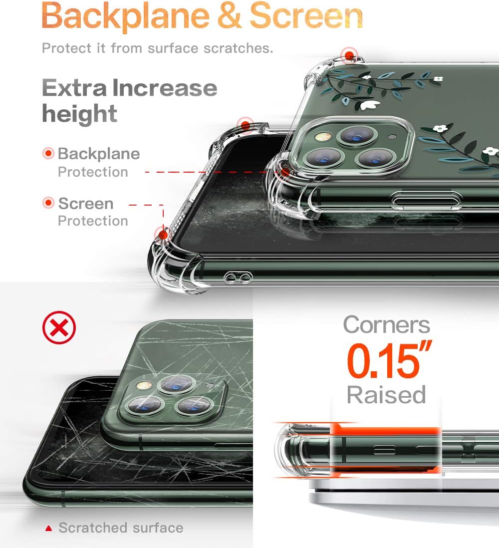 GVIEWIN Compatible with iPhone 11 Pro Case,Clear Flower Design Soft & Flexible TPU Ultra-Thin Shockproof Transparent Bumper Protective Cover,Case for iPhone 11 Pro 5.8 Inch 2019 (Petite Flowers/White)