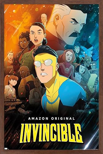 Trends International Invincible - Póster de pared con diseño de grupo uno, 34 pulgadas de largo x 22.4 pulgadas de ancho, versión enmarcada en caoba