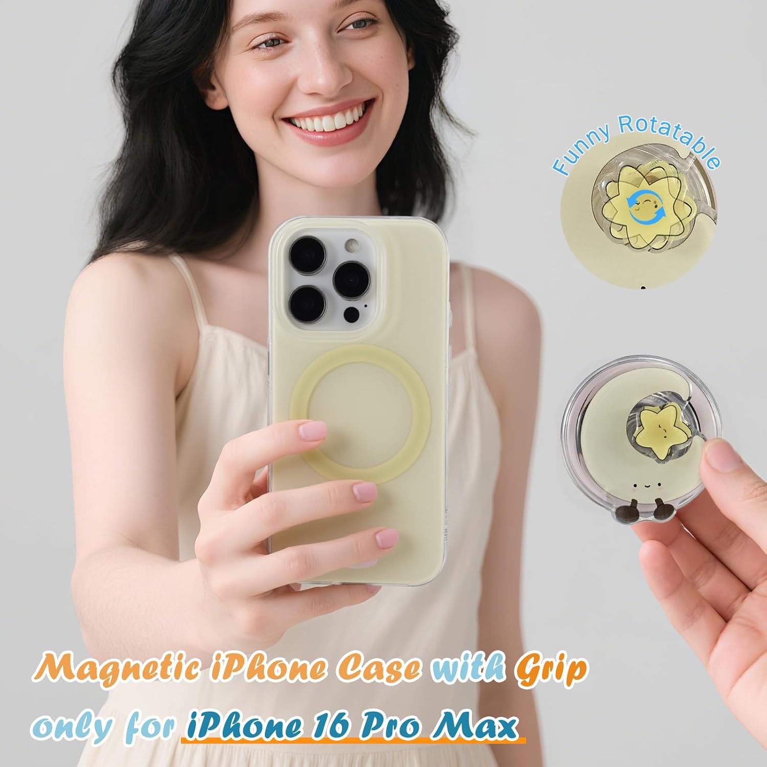 Cute Magnetic Phone Grip Compatible with Magsafe Case for iPhone 16 Pro Max, Swappable Secure Cartoon Moon & Rotatable Star Grip for Magnetic Phone Cases 6.9 Inch, Hands-Free Kickstand