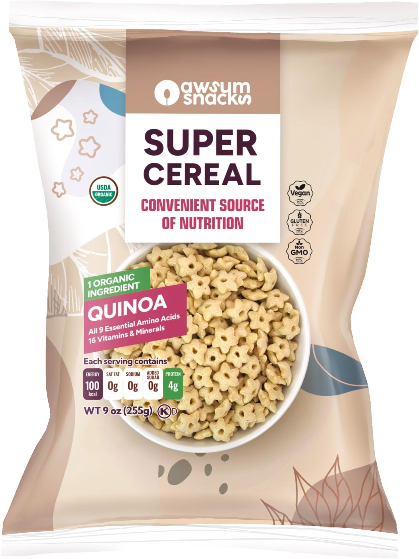 Awsum Snacks SUPERCEREAL 6oz - Certified USDA Organic, Vegan, Gluten Free, Non GMO, Kosher & Grain, Dairy and Sugar Free Cereals - Diabetic Healthy Snack - Cereal Puffed Quinoa Plain