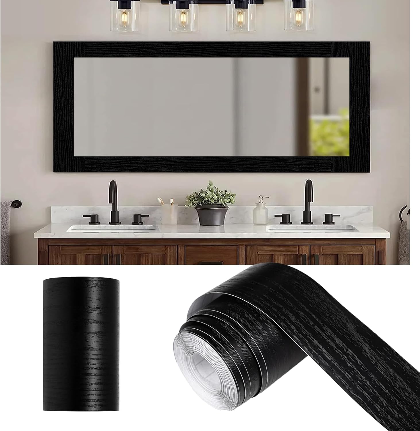 10M Black Wood Grain Mirror Frame Border Peel and Stick Wallpaper, Removable PVC Waterproof Bathroom Mirror Tape Sticker Trim, Kitchen Wallpaper Self Adhesive Decor Sticker 2″ x 393″