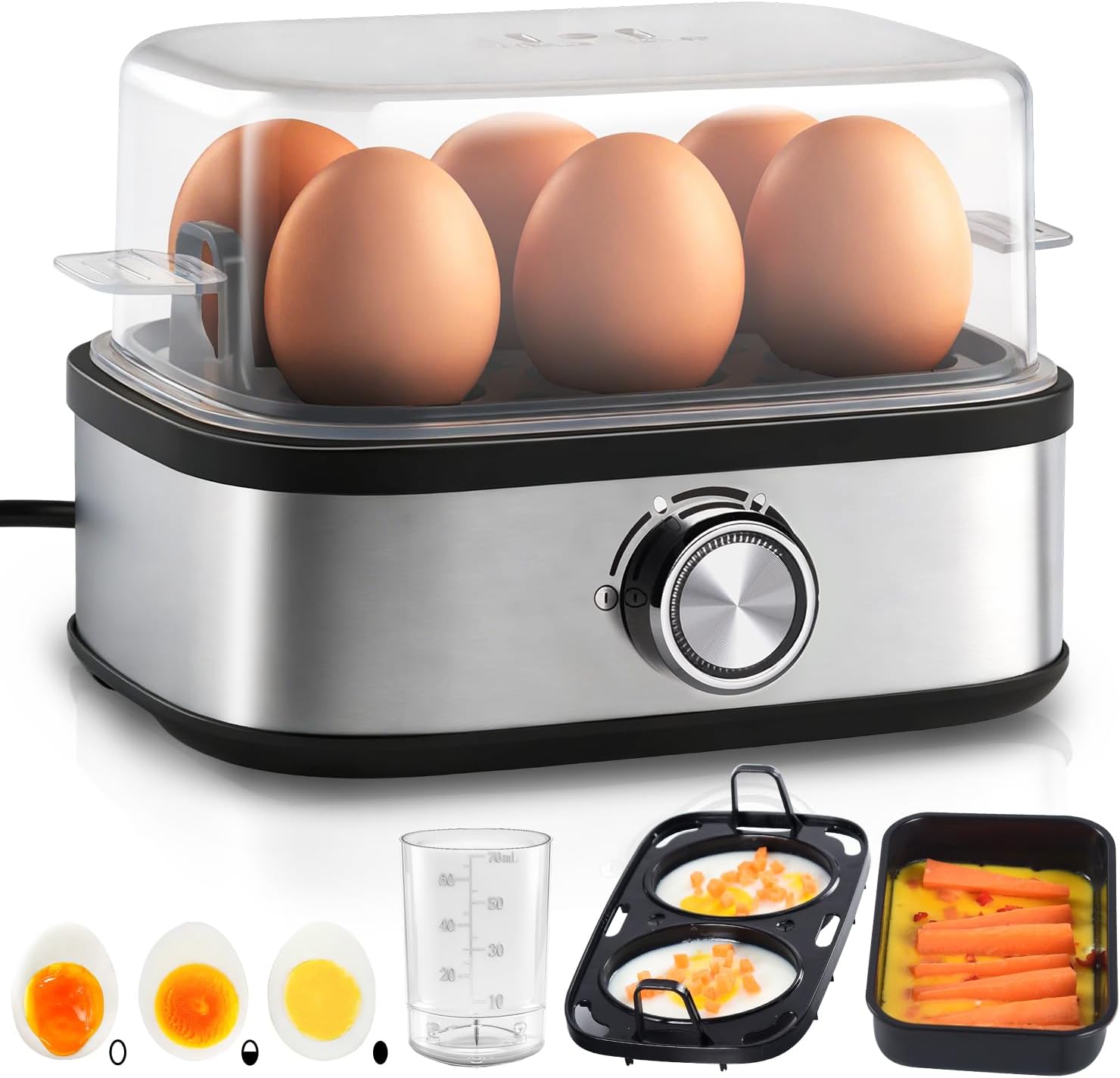 Eierkocher 6 Eier Kocht Alle Drei Garstufen für Hart, Mittel und Weich Eier, Akustisches Signal, BPA-freiem Egg Cooker mit Omelett-Maker, Tablett und Eierbecher