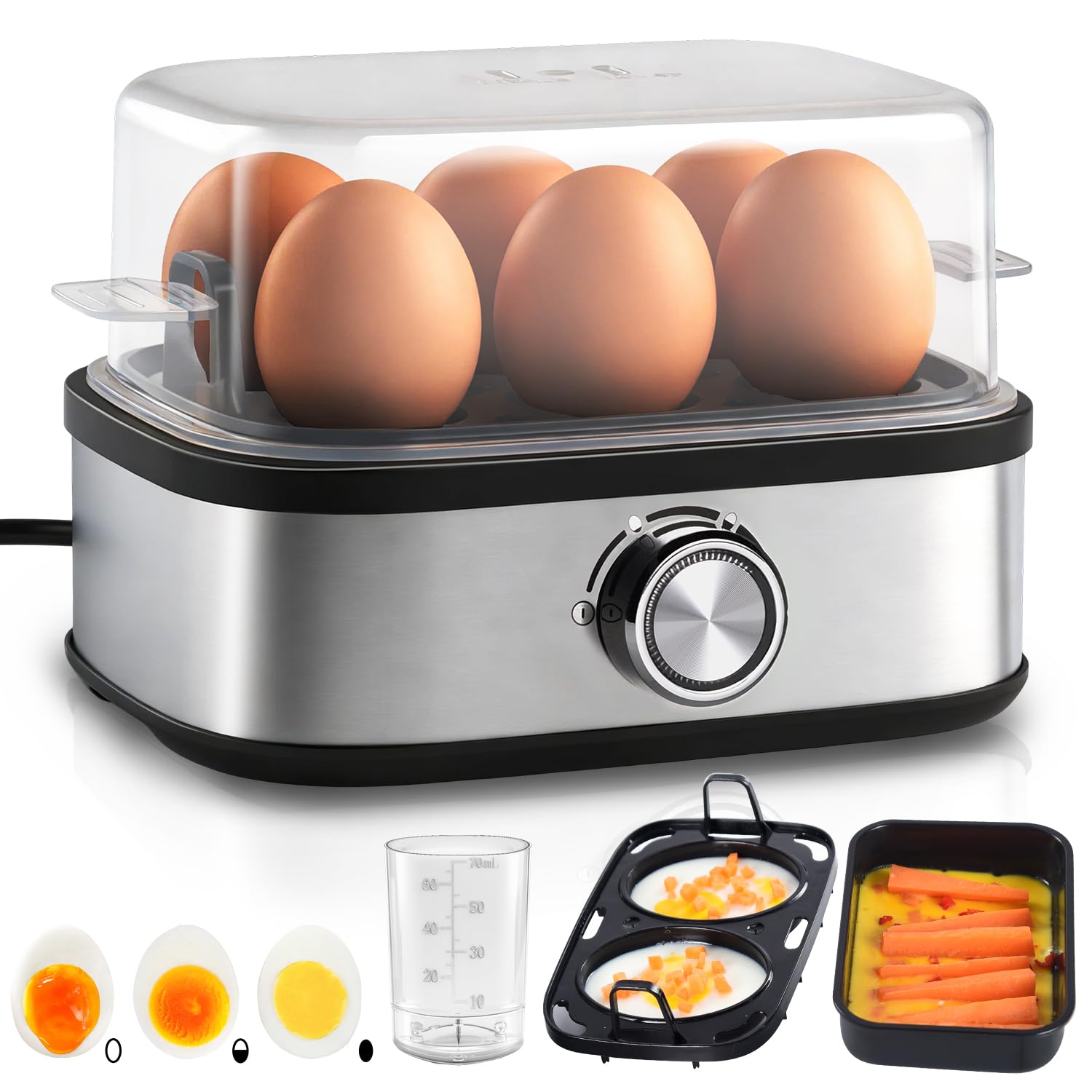 Hervidor de huevos 6 huevos cocina los tres niveles de cocción [suave|medio|duro] | Señal acústica, sin BPA, para huevos con tortilla, bandeja y huevera