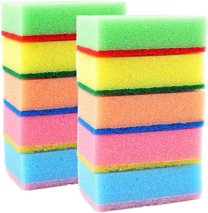 Set of 10 Multi-Colour Multi-Purpose Cleaning Sponges Scourer - With One Side Absorbent Sponge and Other Side Scouring Pad