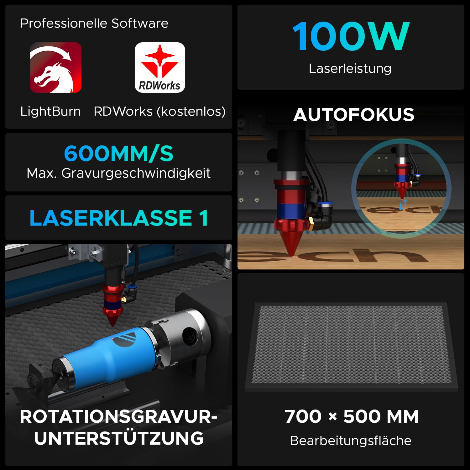 OMTech CO2 laserowa maszyna do grawerowania, 100 W, 700 x 500 mm, maszyna do grawerowania laserowego, automatyczna regulacja ostrości, podwójna platforma do grawerowania, grawerowanie laserowe