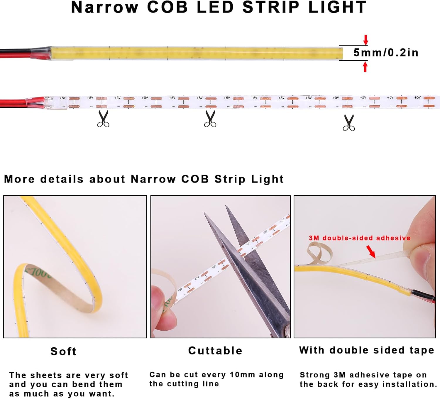 TOPAI 5V COB LED Strip Narrow 5mm Width Cool White 6000K CRI 90+ Dotless 16.4ft 400LEDs/M High Density Cuttable Flexible LED Tape Light for Cabinet Home DIY Lighting Projects
