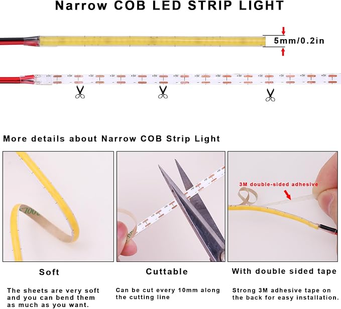 Tira LED COB 5mm 5V Luz Fría 6000K 16.4 pies Alta Densidad miniatura 4
