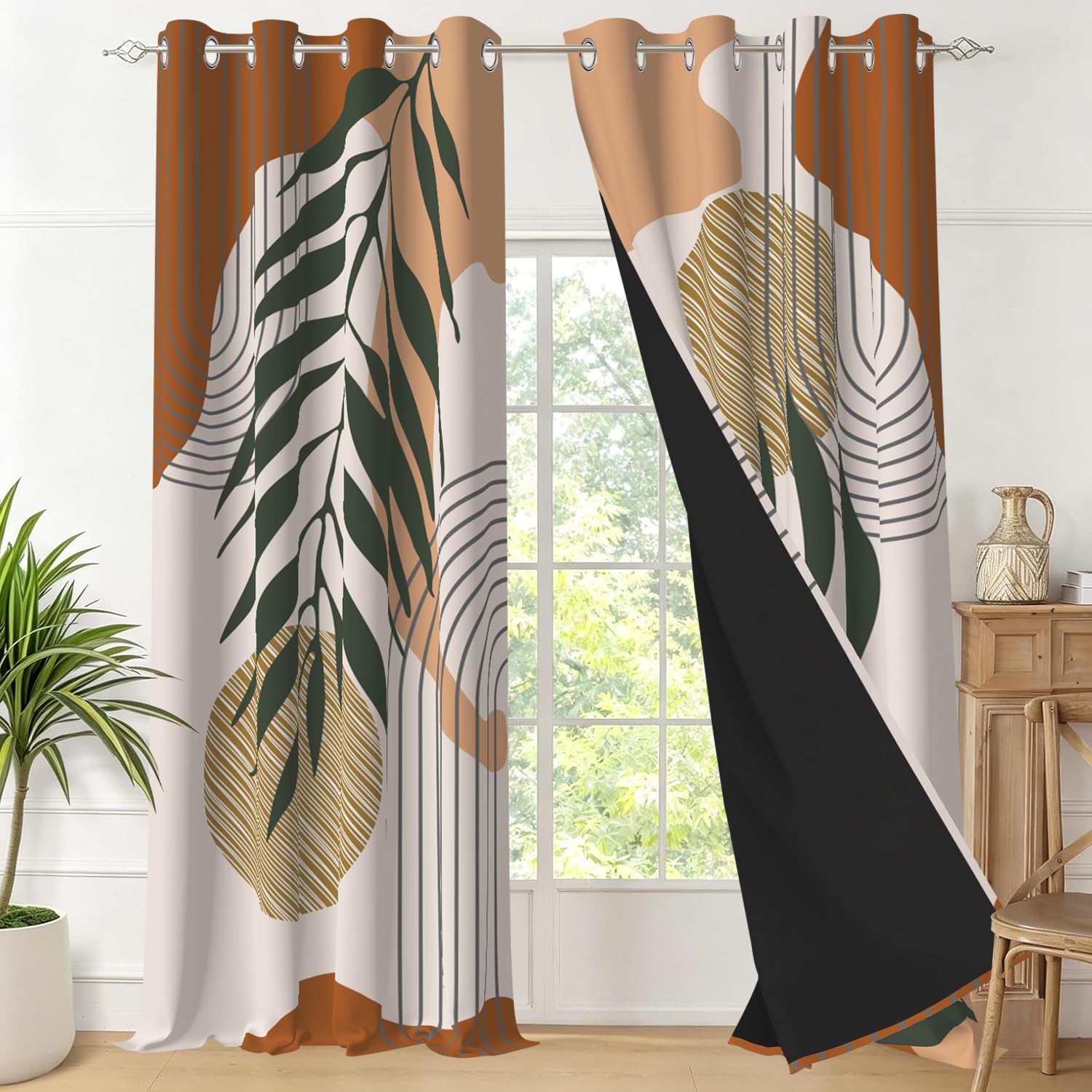 Tende Boho Astratta, Tende Oscuranti Foglie Verde Terracotta Geometrico Tende Termiche Isolanti Freddo Tende Oscurante con Occhiello per Camera de Letto Interni Soggiorno, 2 Pezzi, 140x225cm