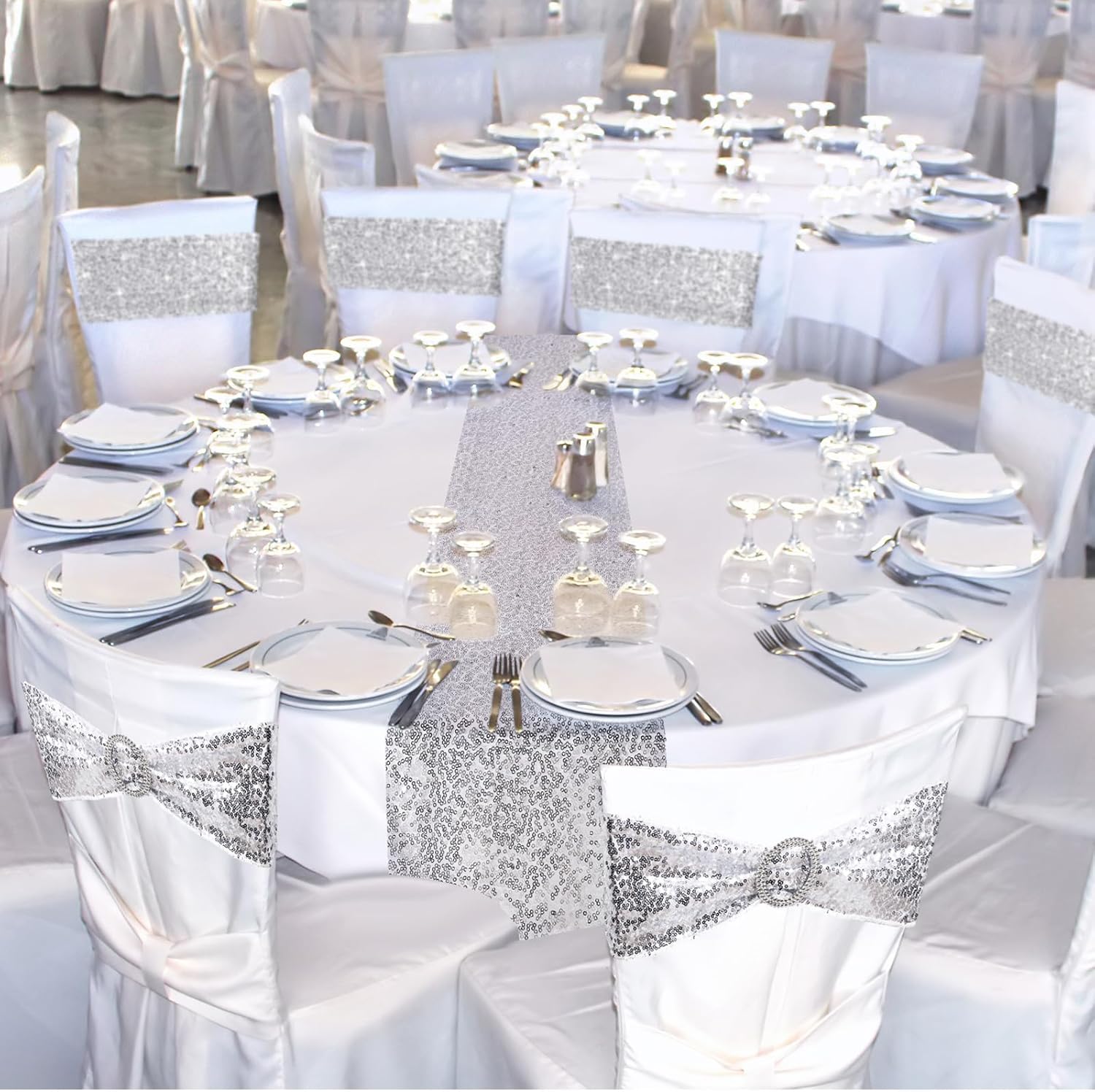 Newwiee 54 Pcs Silver Sequin Chair Sashes and Table Runners, 48 Sequin Chair Bows, 6 Glitter Table Runners for Birthday Party Wedding Banquet Holiday Decorations