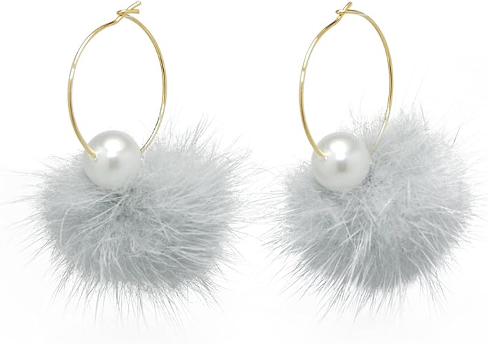 Amazon Drop ピアス ファー キャッチ ふわふわ リアル ファーピアス フープ ピアス レディース 人気 アクセサリー かわいい ライトグレー ピアス 通販