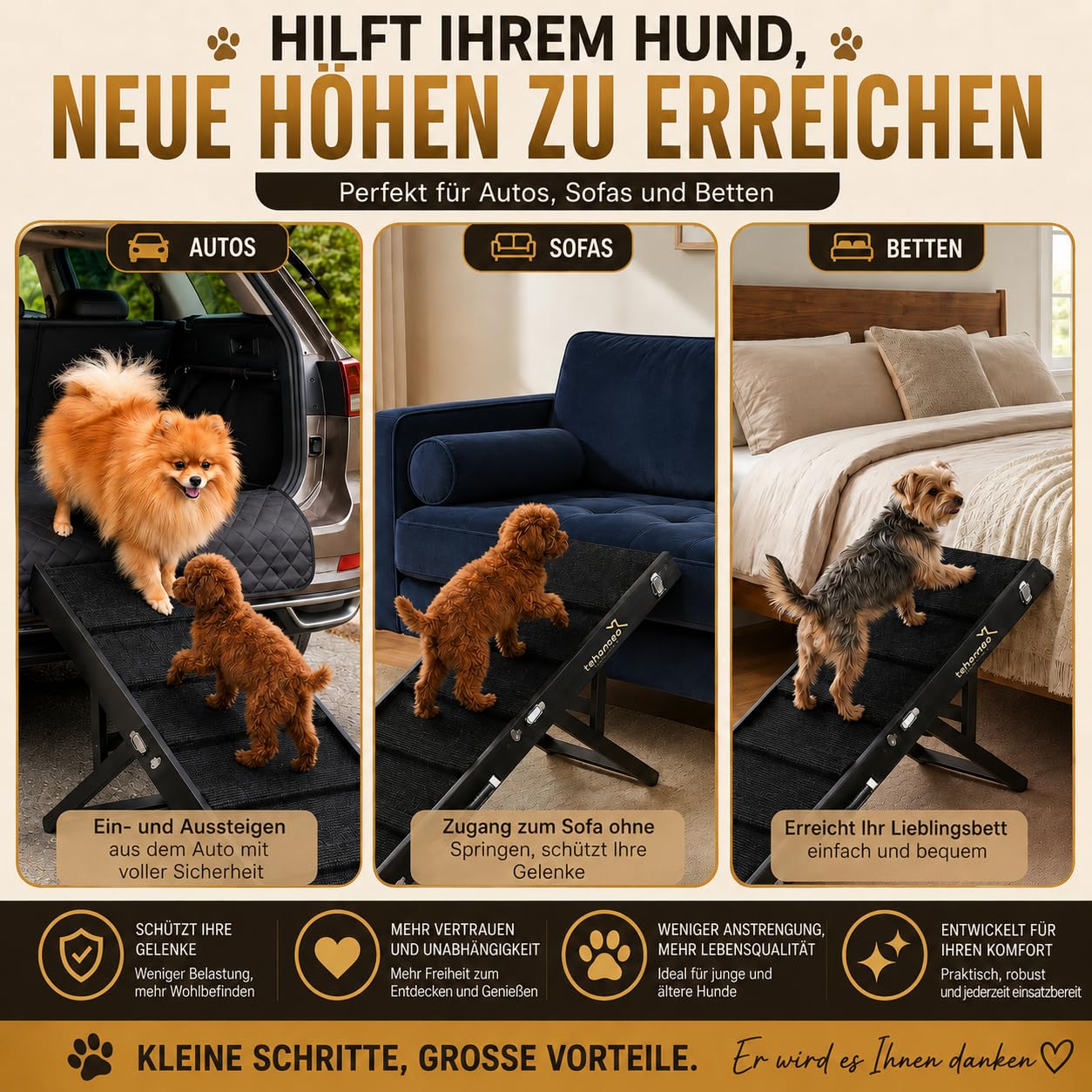 TEHORNEO Hundetreppe für Kleine Hunde, Hunderampe 4 Höhen 25-41 cm, Hunderampe Sofa, Hunde Rampe Bis 20 kg, Hundetreppe, Katzentreppe für Alte Katzen, Katzentreppe, Hunderampe Bett, Dog Ramp