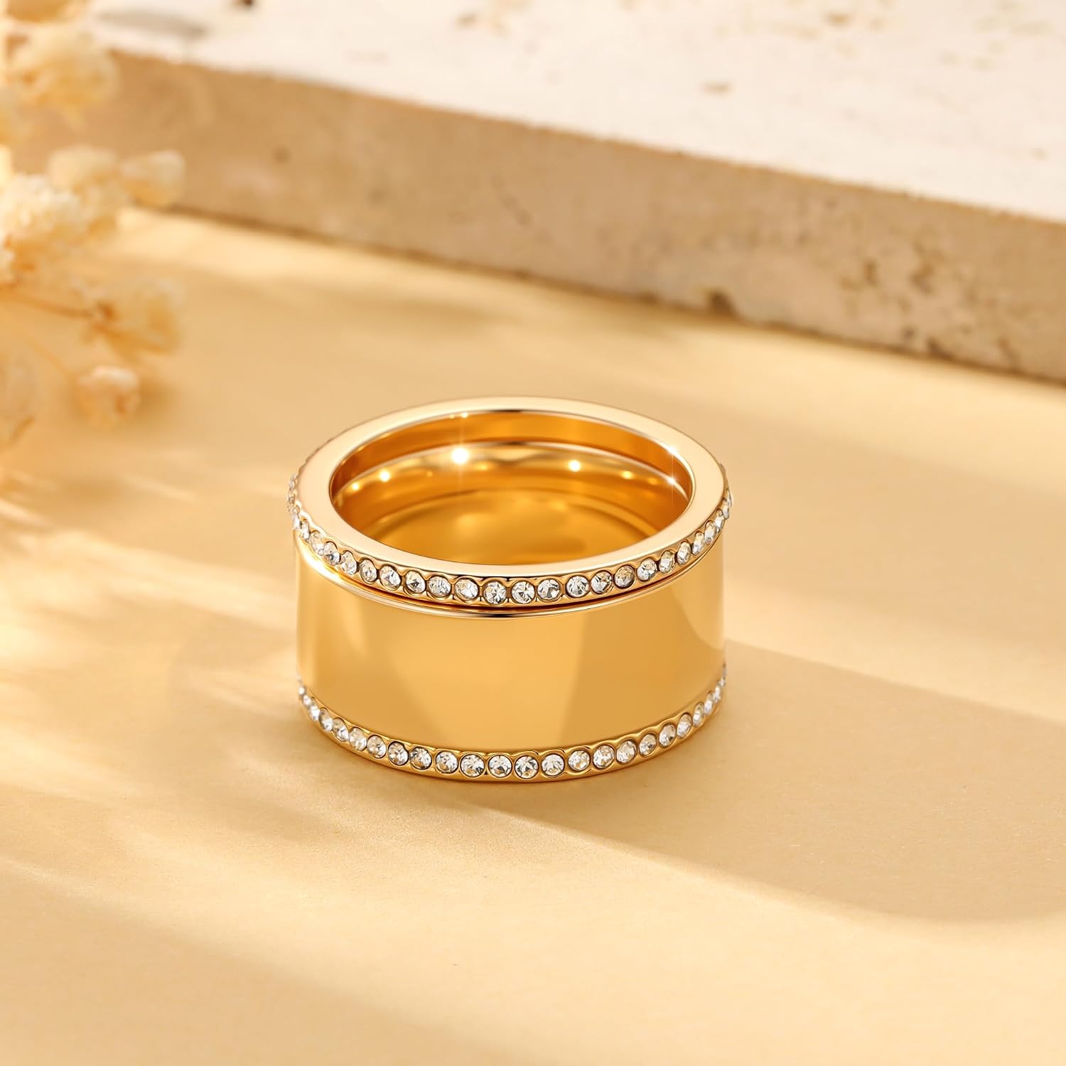 Trendy 3-Pack Stackable Rings for Women - 18K Gold Plated Cubic Zirconia Simulated Diamond Oura Stack Rings for Women Size 6-10