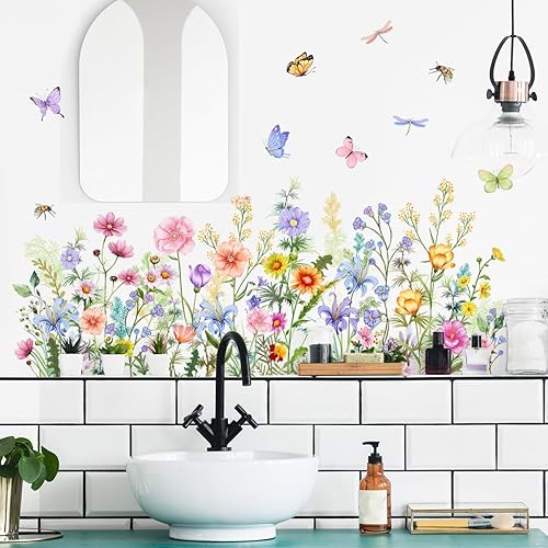 Runtoo Calcomanías artísticas de pared de flores de jardín, zócalo floral, línea de zócalo, calcomanías de esquina para niñas, dormitorio, sala de
