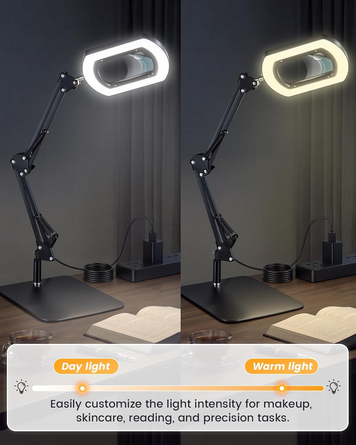 10X 30X Magnifying Glass with Light and Stand, LED Magnifying Lamp with 2-in-1 Desk & Clamp Mount, Dimmable Brightness Hands Free Magnifier for Seniors, Reading, Diamond Art & Jewelry Making