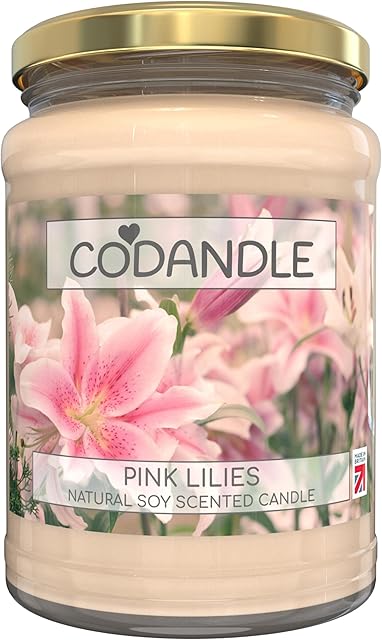Codandle Candle | Pink Lilies | Large Jar Vegan Natural Soy Scented Candle, 100+ Hours Burn Time & Made in UK