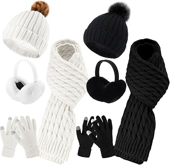Suhine 8 Pcs Winter Hat Scarf Gloves Earmuff Set Knit Beanie Pompom Hat Warm Touch Screen Gloves for Women Men Adult