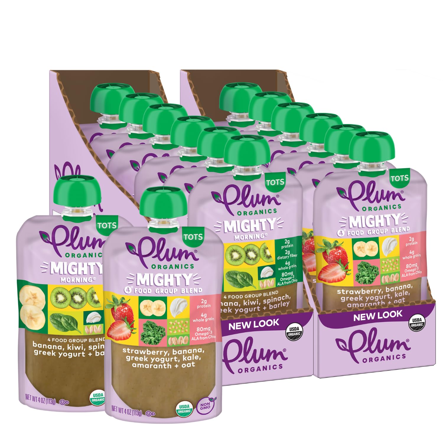 Plum Organics Stage 4 Organic Toddler Food Bundle - Strawberry, Banana, Greek Yogurt, Kale, Amaranth, and Oat 4 oz Pouch + Banana, Kiwi, Spinach, Greek Yogurt, and Barley - 4 oz Pouch (Pack of 6)