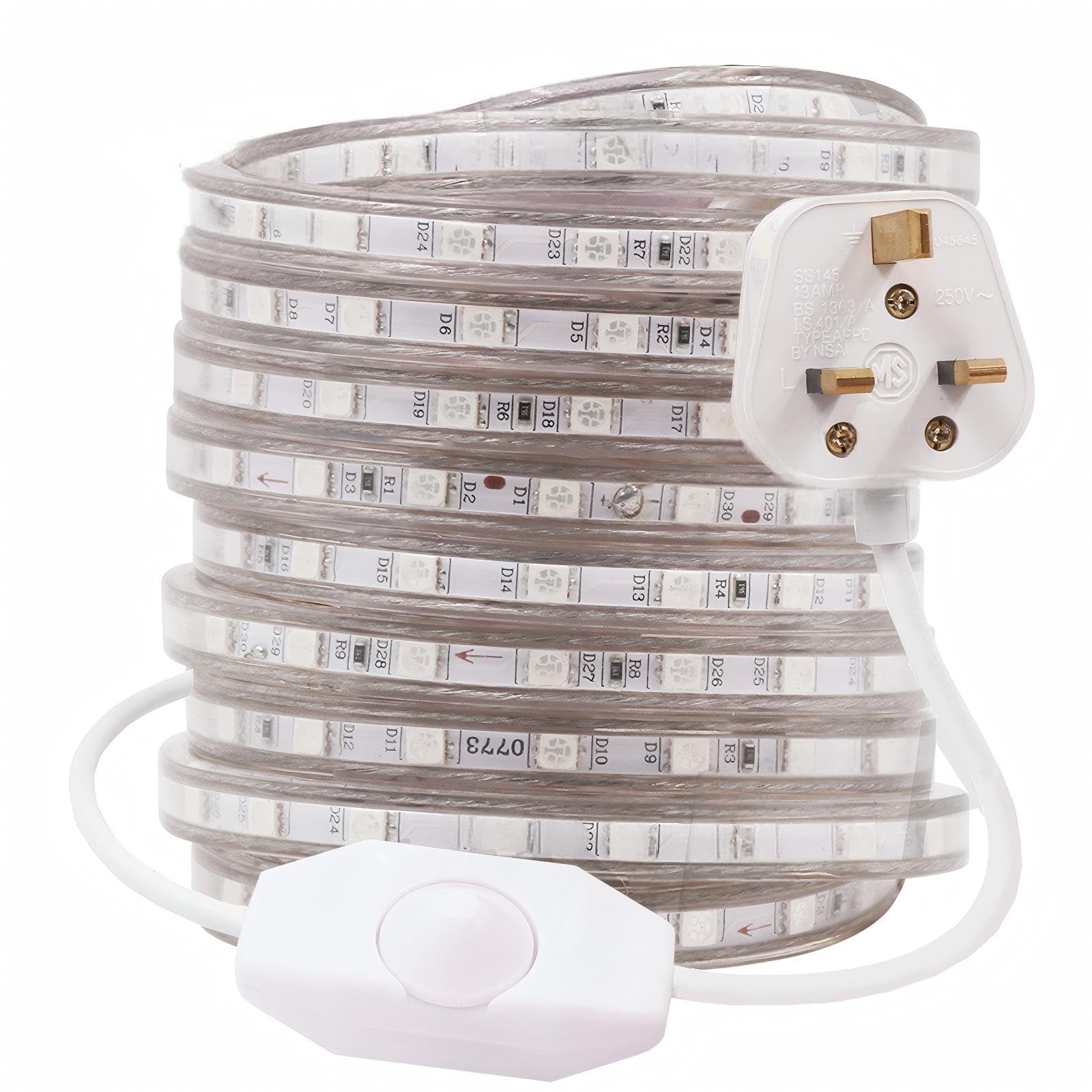 Gql Yellow 8M Dimmable Led Strip Mains Powered, Smd 5050 60Leds/M Ip65 Waterproof Commercial Rope Light With Uk Plug, Diy Indoor Outside Decor Ribbon Lighting