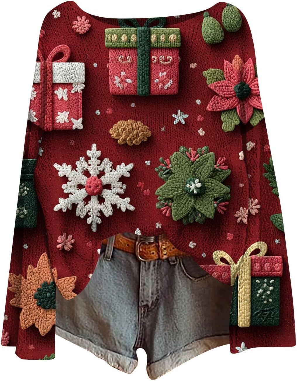 Womens Christmas Long Sleeve Knit Pullover Sweater Casual Loose Fit Santa Cute Print Holiday Winter Jumper