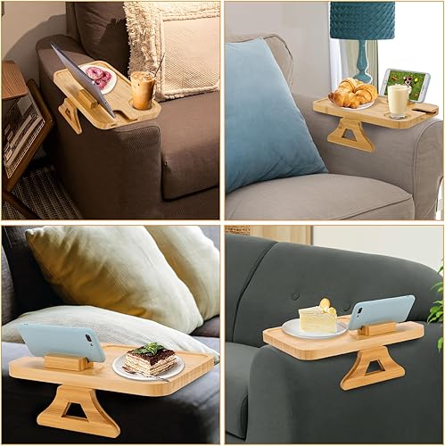 Miniatura 7 de Mesa de sofá de bambú con clip en el brazo del sofá de la mesa auxiliar con soporte giratorio de 360, bandeja de sofá para brazo, diseño único de