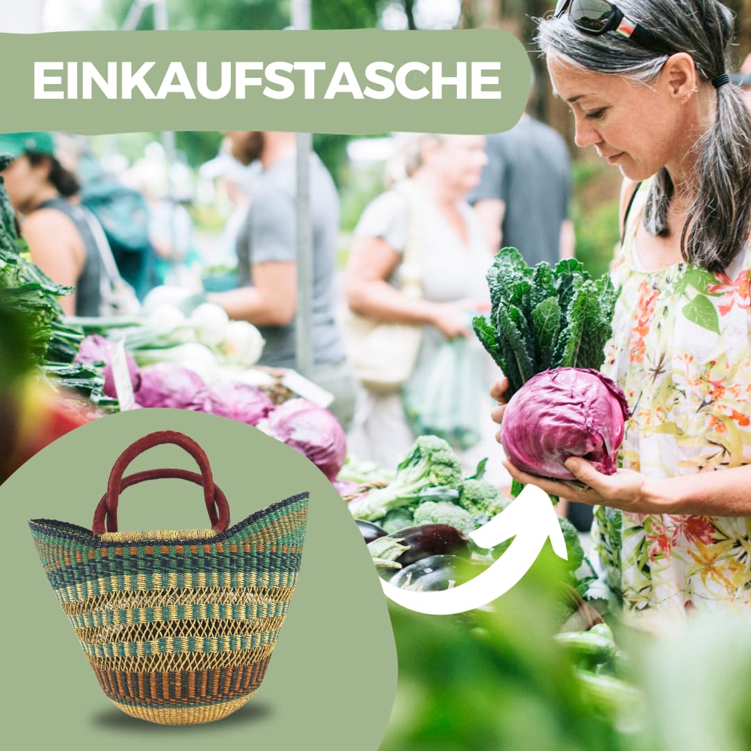 Bolga Tasche XXL - Das Original aus Ghana - Bunt - Fair Trade - Oval - Viele Farben - Afrikanische Korbtasche mit Ledergriff - Flechttasche 40-45 cm - Einkaustasche mit Wunschdesign (Taifa)