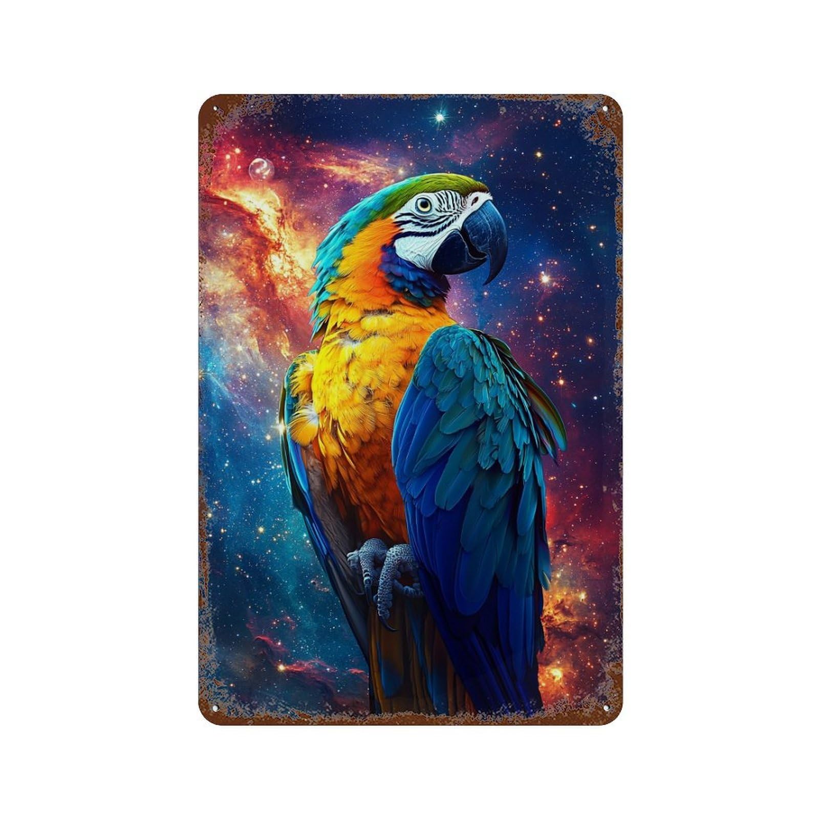 Galactic Macaw Parrot Art Print Aged Metal Wall Plaque 11.8"x7.9", Classic Wall Plaque for Garage, Pub Or Kitchen