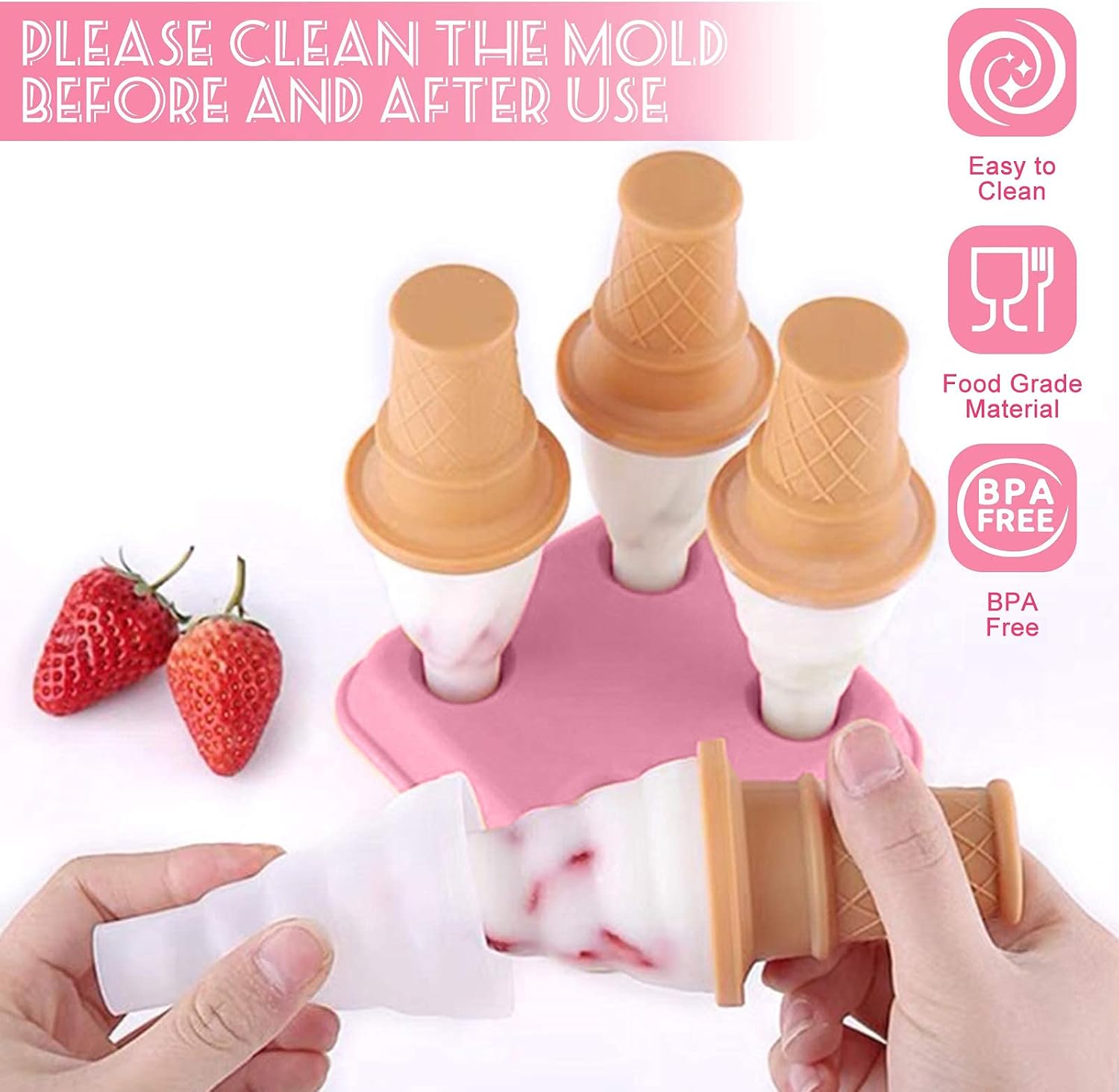 Janolia Popsicle Molds, Drip-guards Popsicle Makers, Easy Release Ice Pop Molds with Cartoon Ice Cream Cone-Shaped Holder, Set of 4 BPA Free Popsicle Moulds for Kids Homemade DIY