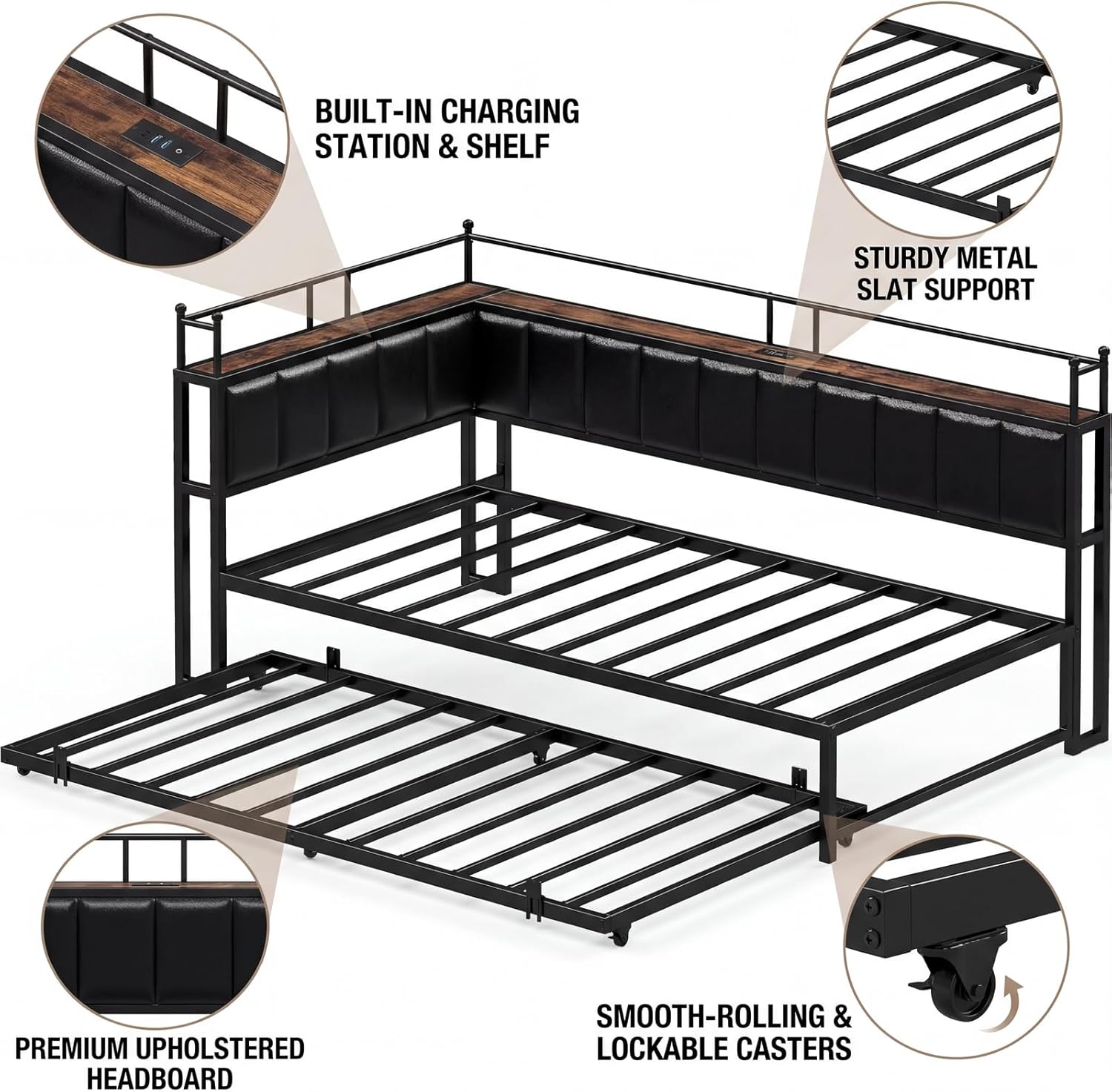 LIKIMIO Daybed with Trundle, Twin Corner Bed Frame with Bedside Storage,Sofa Day Bed for Living Room, Bedroom and Guest Room,Black