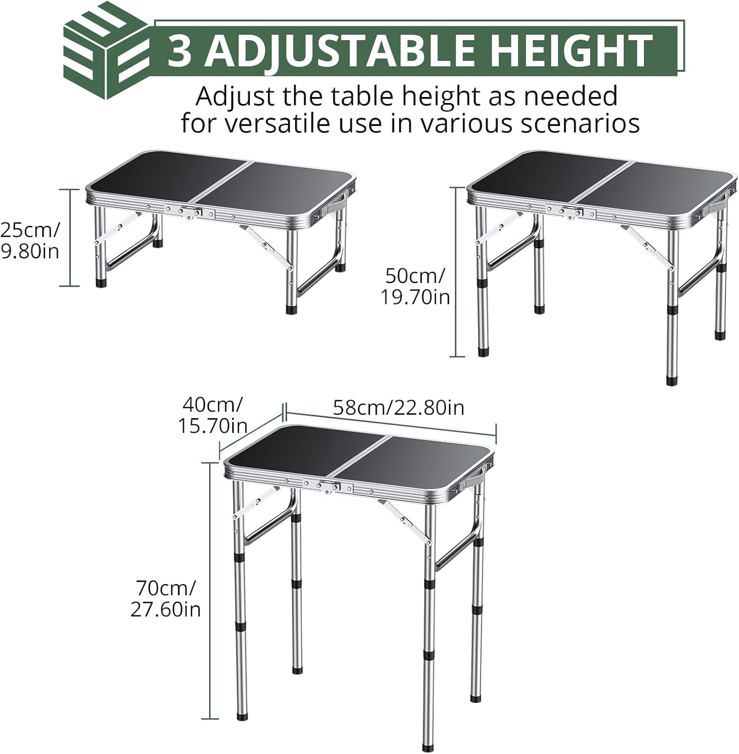 EYPINS Folding Camping Table Portable - Aluminum 22.8'' Lx15.7'' W,3 Height Adjustable Small Camping Table, Lightweight,Waterproof Outdoor Folding Table with Carry Handle for Picnic, Cooking,BBQ,Beach
