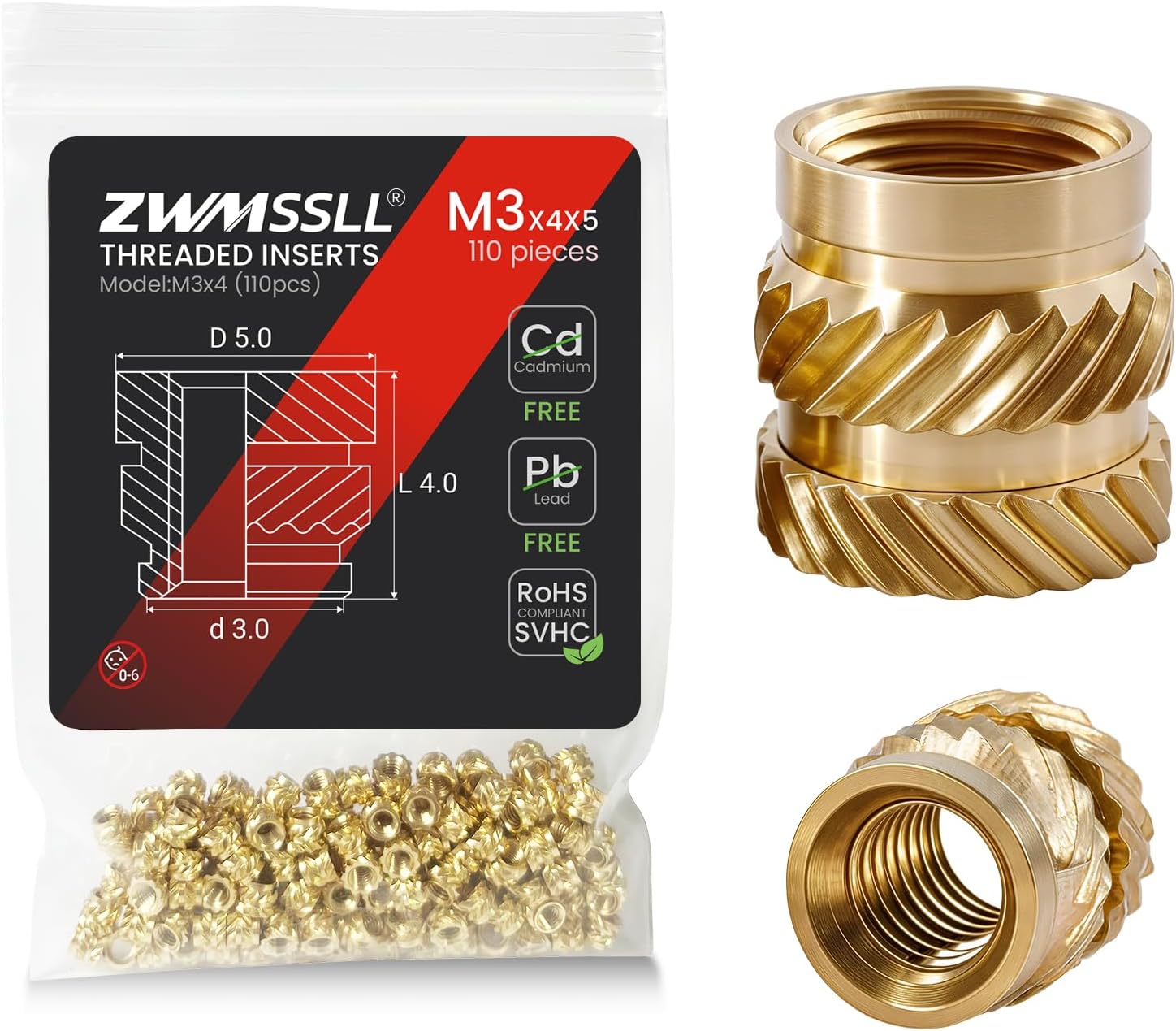 - M3 Threaded Inserts Heat Set Insert,110 Pieces M3x4x5mm Metric Knurled Nuts,Brass Threaded Inserts for Plastic and 3D Printing Components