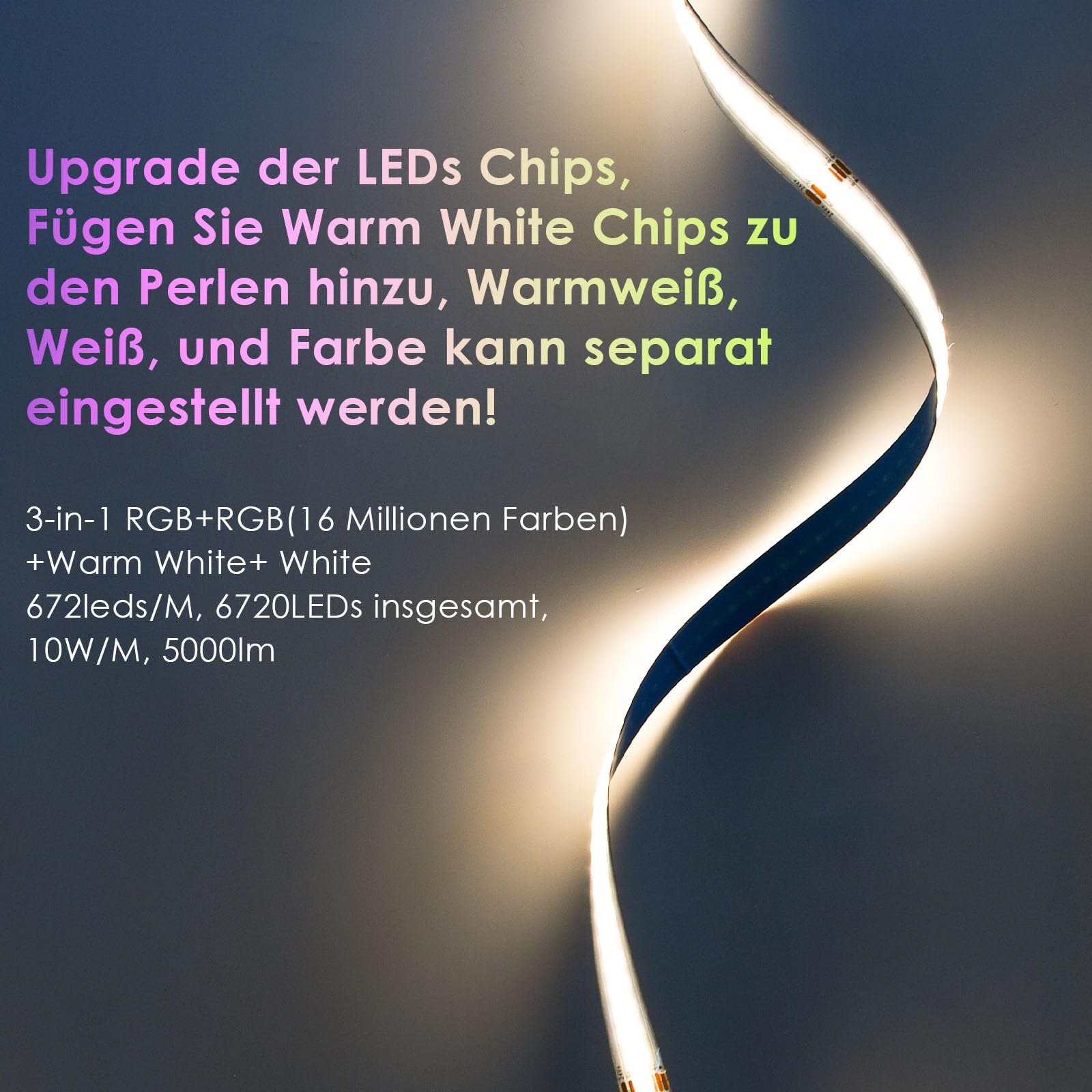 10M COB LED Streifen RGBW Warmweiß, WiFi Smart LED Strip Musik Sync, Punktloses Lichtband 672 LEDs/m, 24V LED Leiste Kompatibel mit Alexa/Google Home, App-Steuerung, inkl. Netzteil