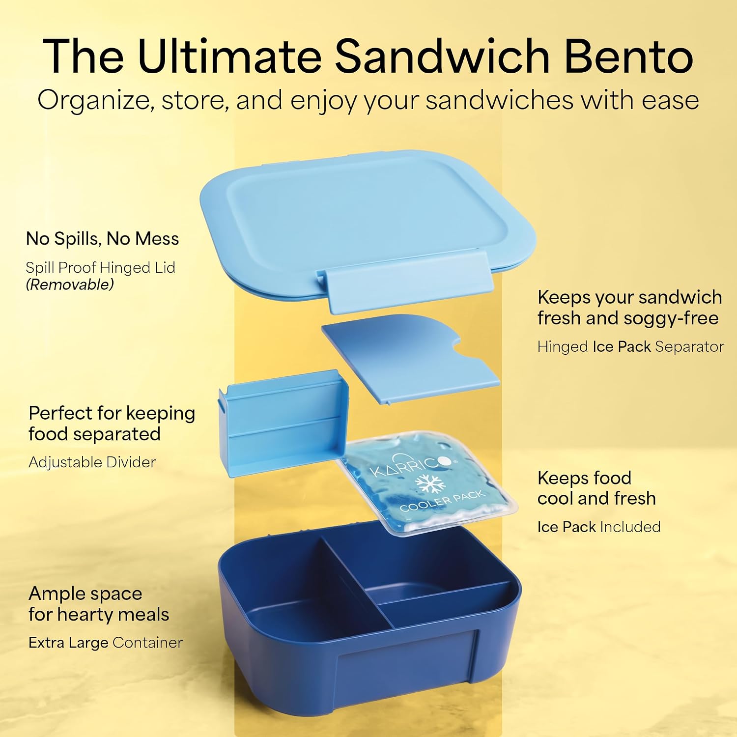 KARRICO Leakproof Bento Lunch Box, 3-Compartment, Extra Large, Navy & Blue