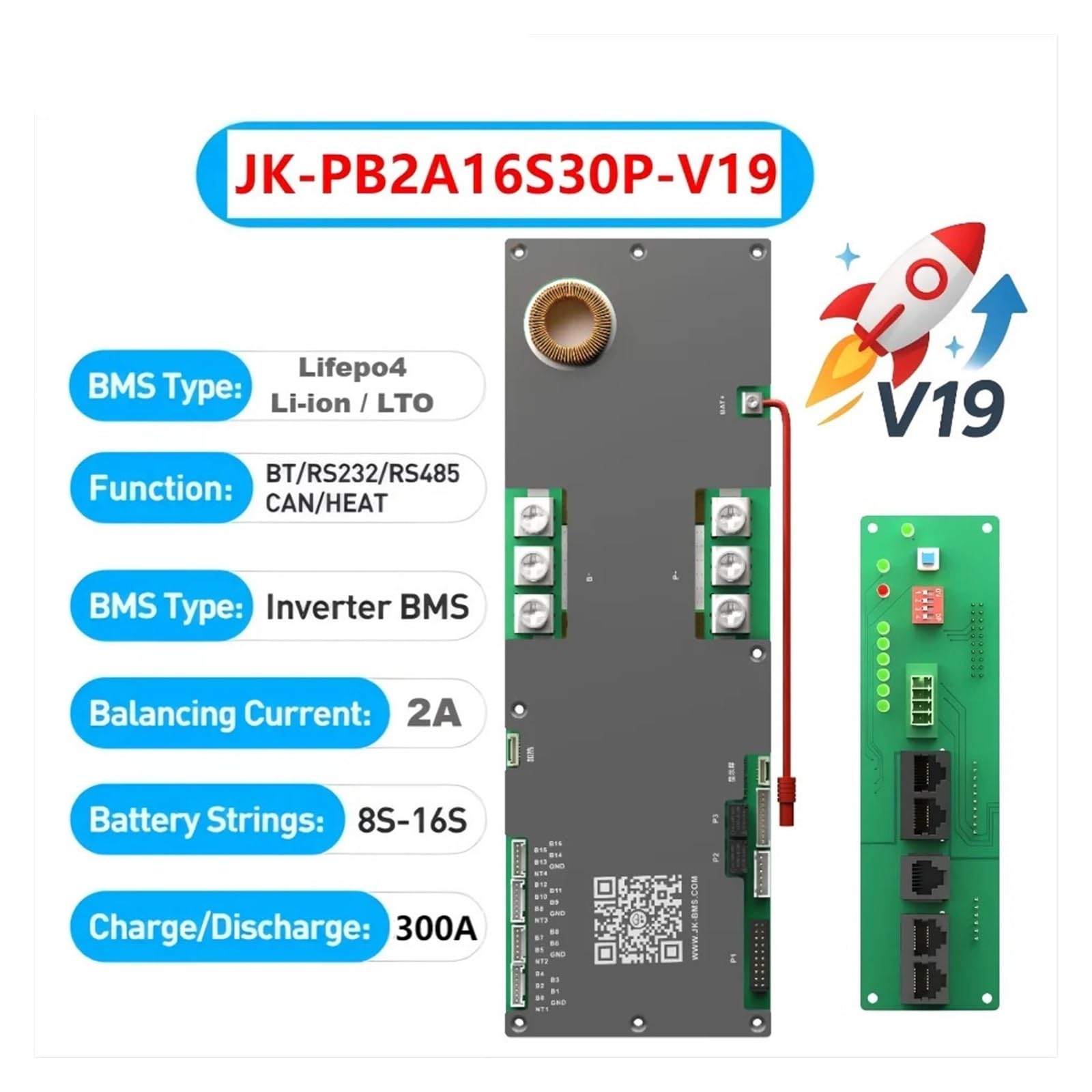 V19 Smart BMS con LCD da 4,3 Pollici, Lifepo4 48v 200A, Inverter di accumulo con bilanciamento Attivo 8S-16S BMS for Batteria agli ioni di Litio 200AH(JK-PB2A16S30P-V19)