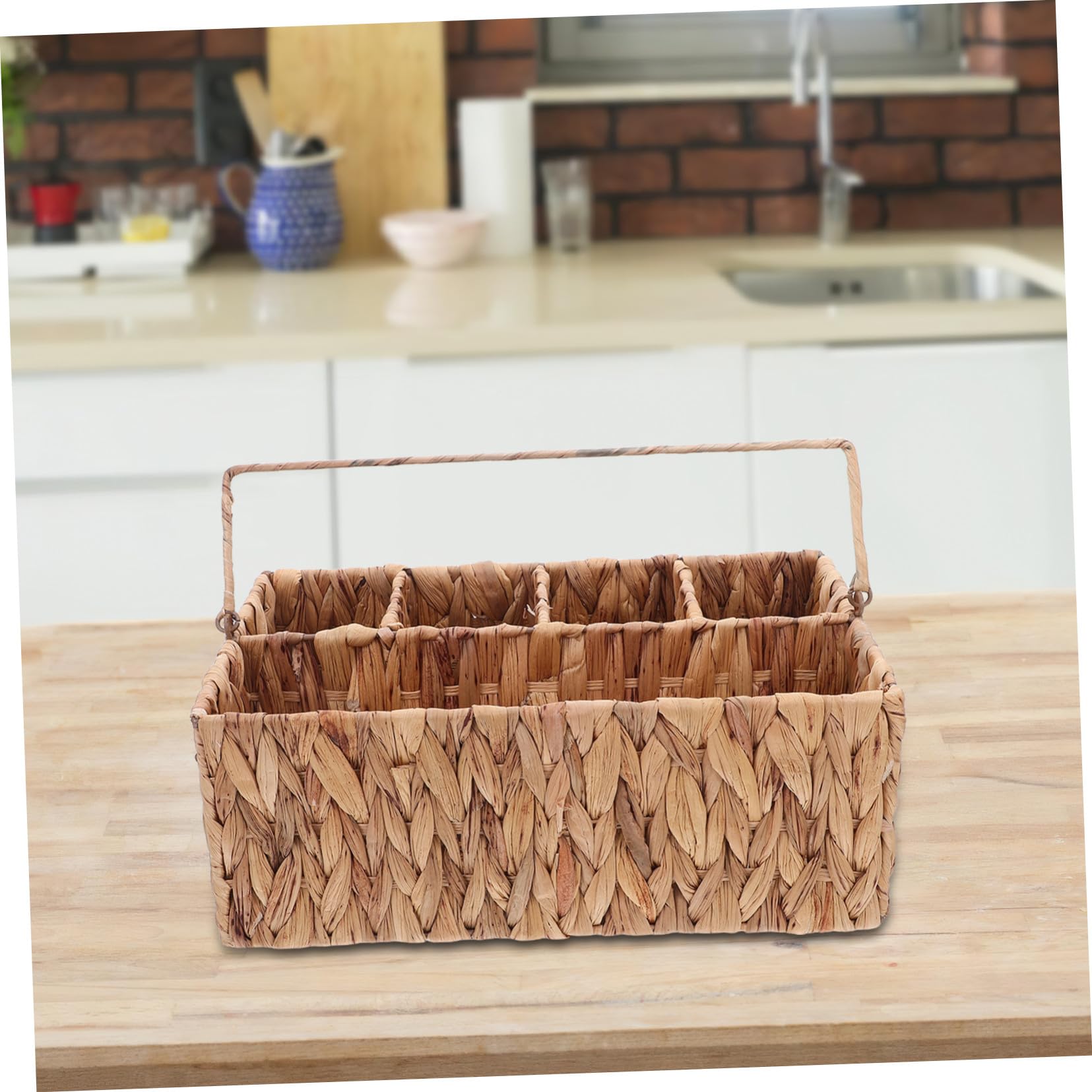 Mikinona Cesta Organizadora de Cubiertos de Mimbre con Compartimentos Cesta Portátil para Picnic Soporte para Utensilios y Condimentos Diseño Rústico y Compacto para Mesa y Almacenamiento