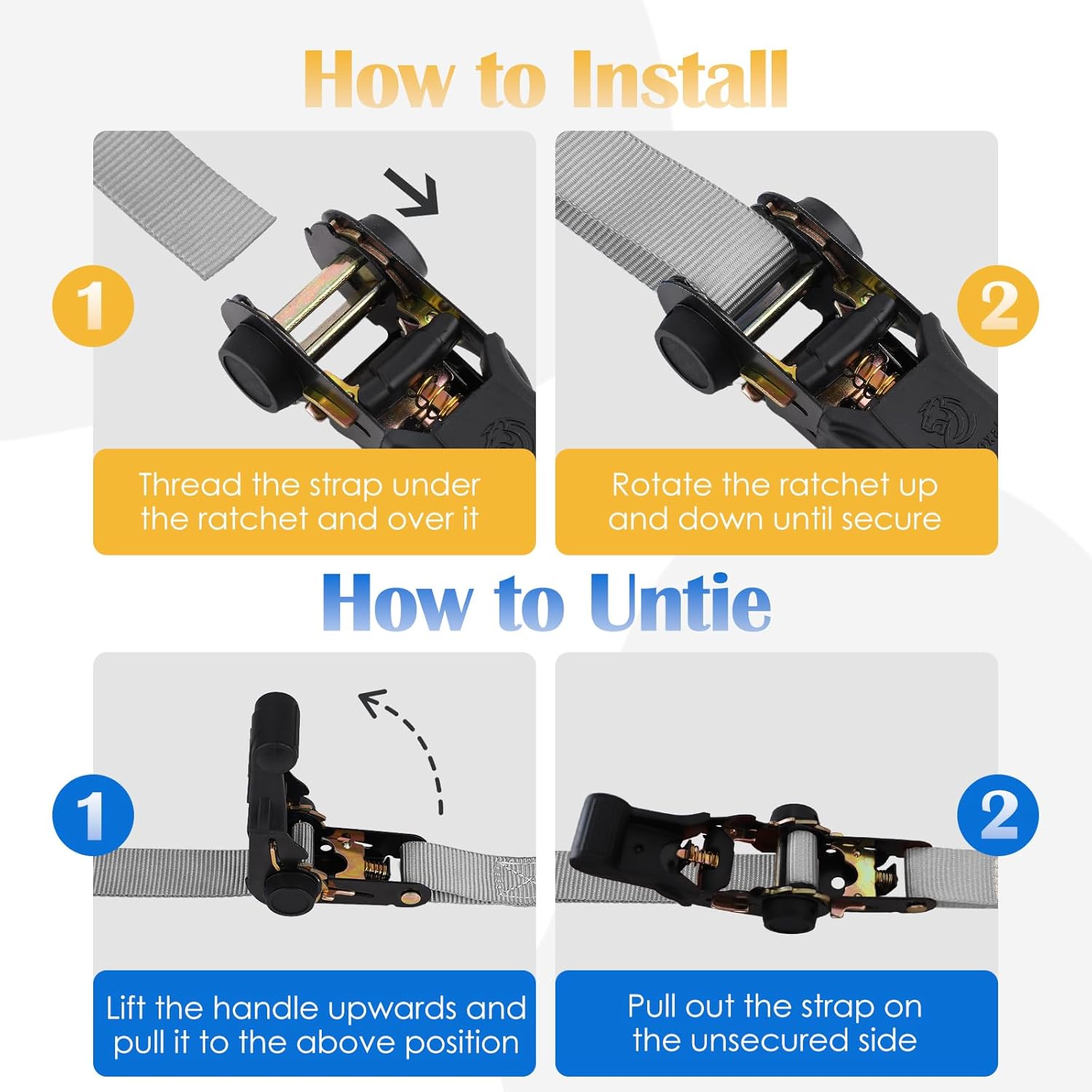 Ratchet Straps 4 Pack - 1,826 Lbs Break Strength 1 in x 15 Ft Medium Duty Ratchet Tie Down Straps with S Hooks Set for Truck, Cargo Van, Trailer, Motorcycle (Grey) - Image 6