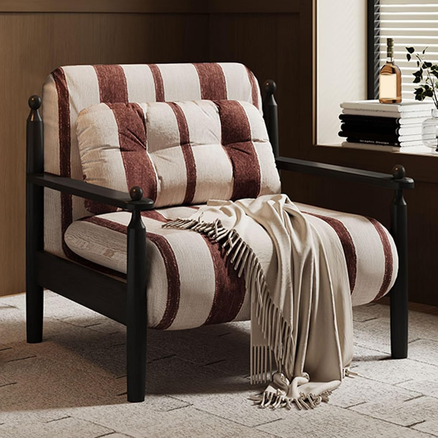 Vintage Foldable Sofa Bed - Solid Wood Retro Striped Couch with 5-Position Backrest, Breathable Fabric, Perfect for Small Living Rooms & Guest Rooms