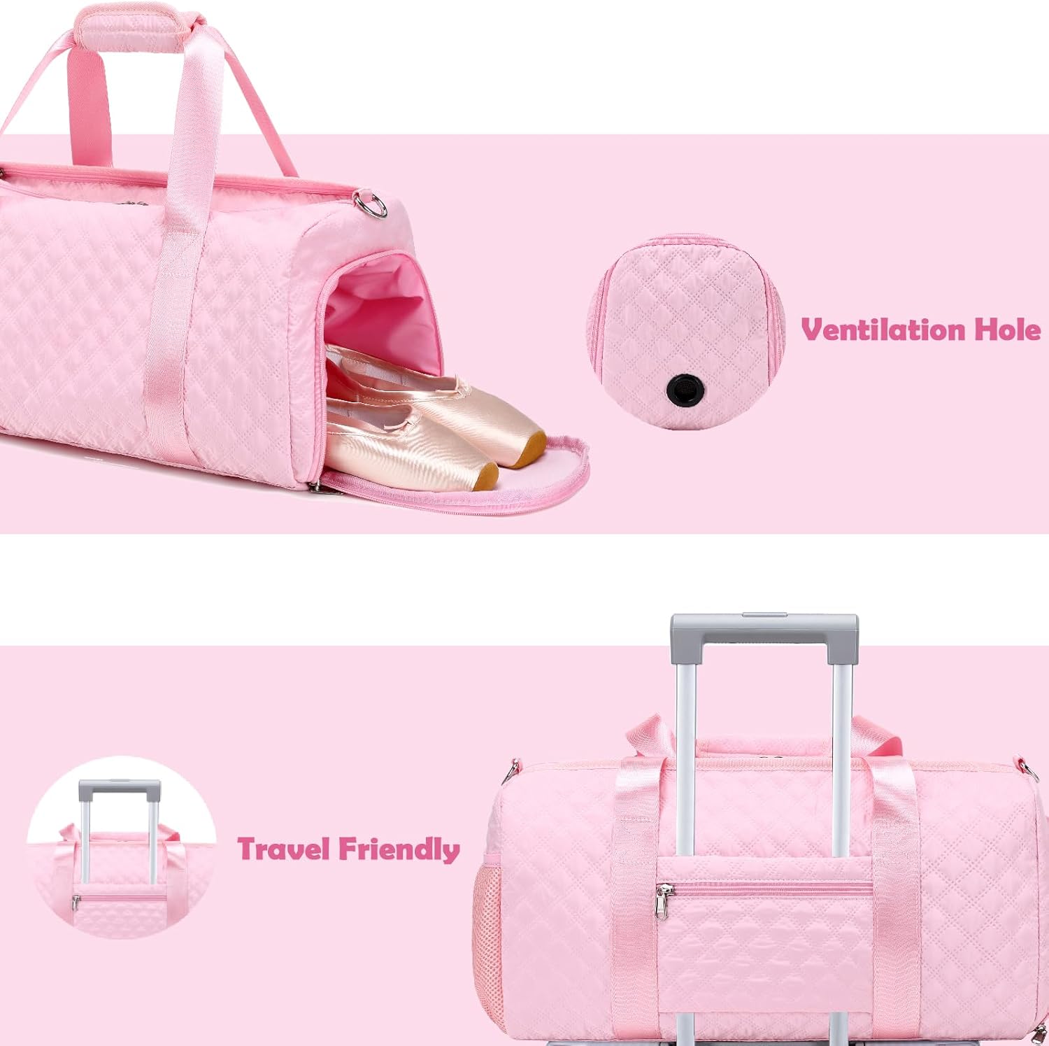 Pink Ballet Bags for Girls, Dance Duffle Bags with Wet & Shoe Compartments for Women, Overnight Travel Bags with Trolley Sleeve for Party Sleepover Bags