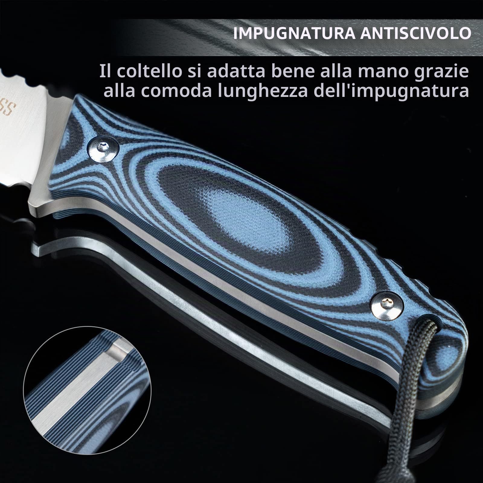 NedFoss HYENAS 9CM FULL TANG Coltello fisso da esterno, coltello da sopravvivenza affilato, coltello da campeggio, coltello da pesca, coltello da cespuglio, Ideale per campeggio, escursioni, regali