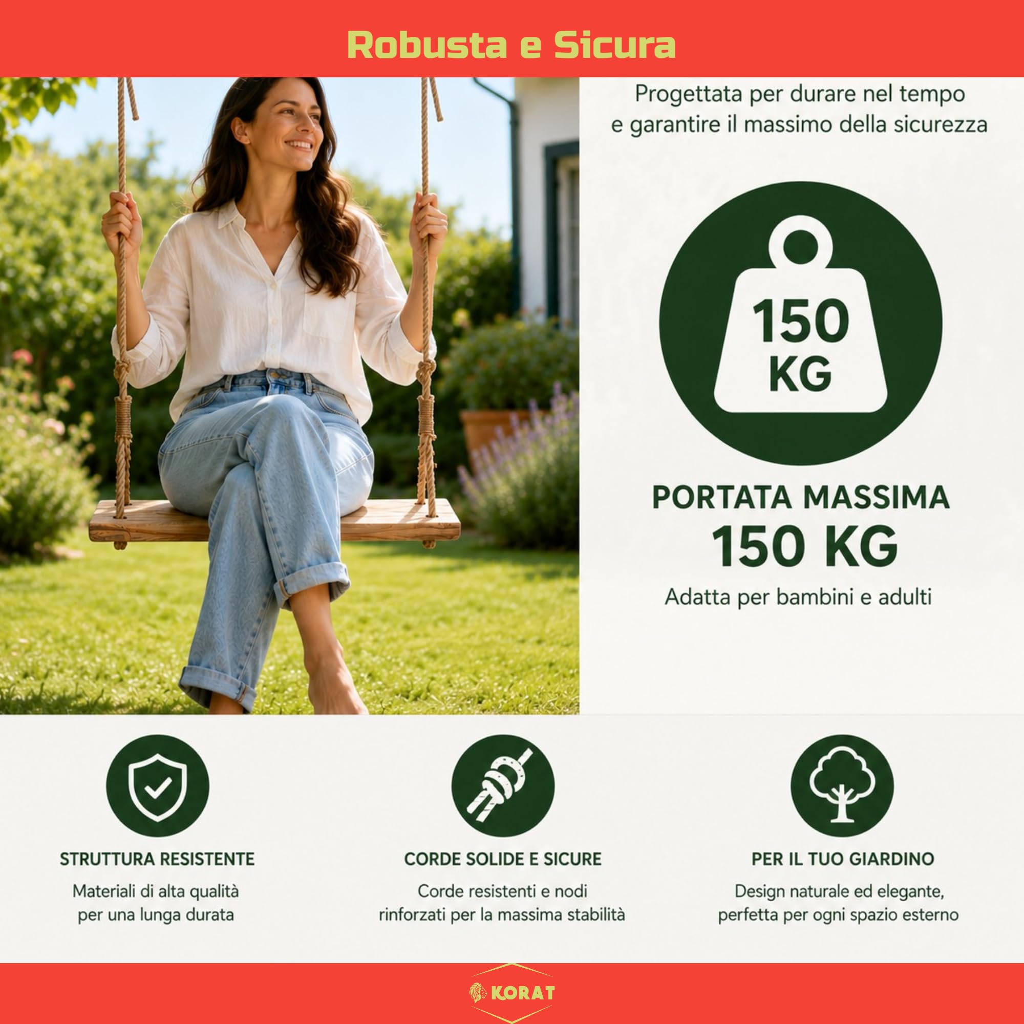 KORAT Altalena da Giardino in Legno con Corde in Juta Naturale – Altalena Sospesa per Bambini e Adulti – Seduta in Legno Massello 59x16 cm – Corde Regolabili fino a 250 cm – Portata Massima 150 kg