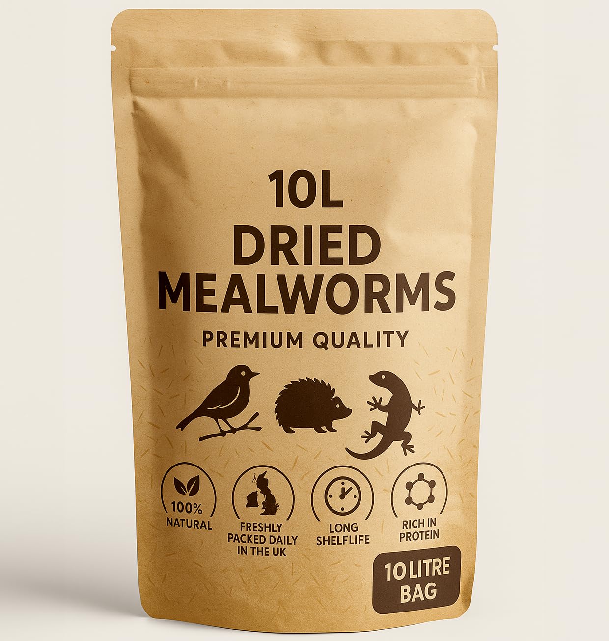 UKGROW Dried Mealworms, 10L Clear Bag, Natural High-Protein Feed for Birds, Reptiles, Fish