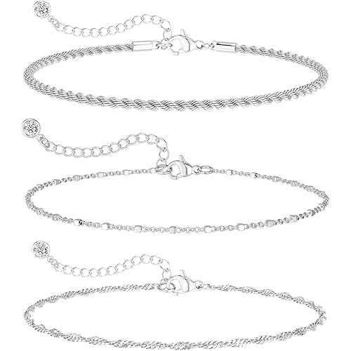 DEARMAY Dainty Silver Plated Bracelets for Women Trendy, Silver Jewelry Set for Women Bracelets for Women Paperclip Box Herringbone Figaro Rope Chain Bracelet Fashion Pack Gifts for Women