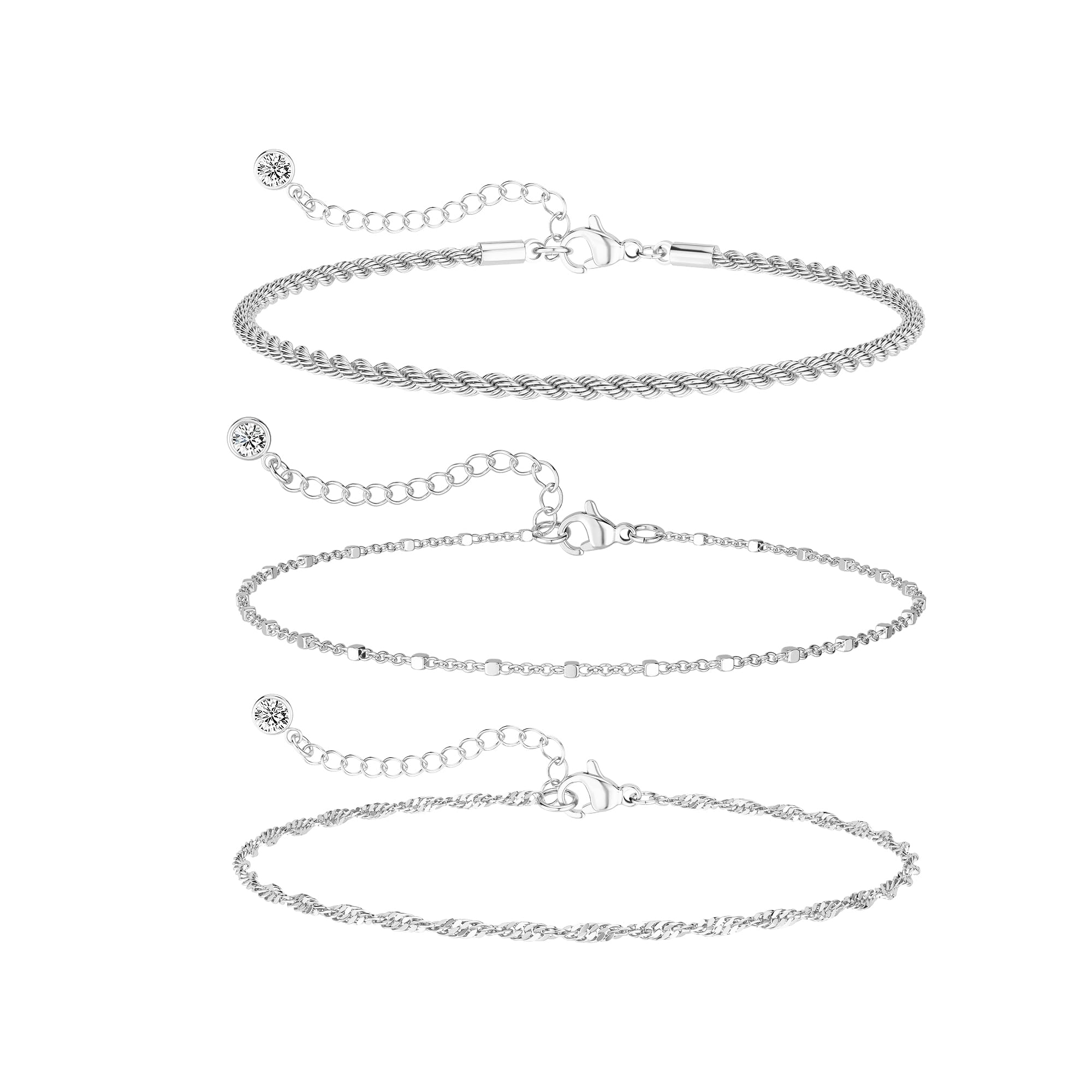 DEARMAY Dainty Silver Plated Bracelets for Women Trendy, Silver Jewelry Set for Women Bracelets for Women Paperclip Box Herringbone Figaro Rope Chain Bracelet Fashion Pack Gifts for Women