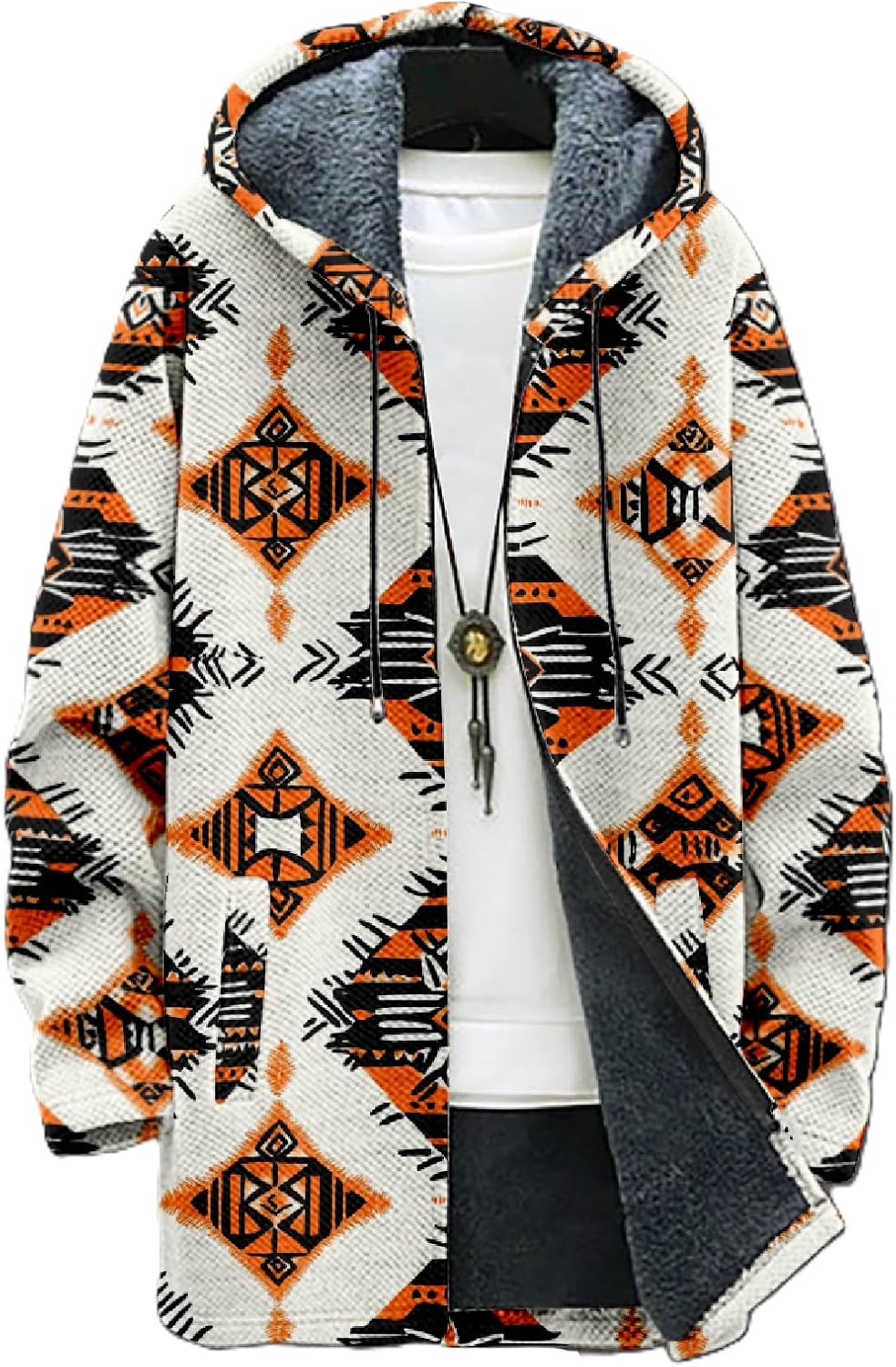 MARSVOVO Long Hooded Cardigan Men Lined Fleece Fashion Graphic Coat Fall And Winter Loose Casual Warm Hooded Jacket