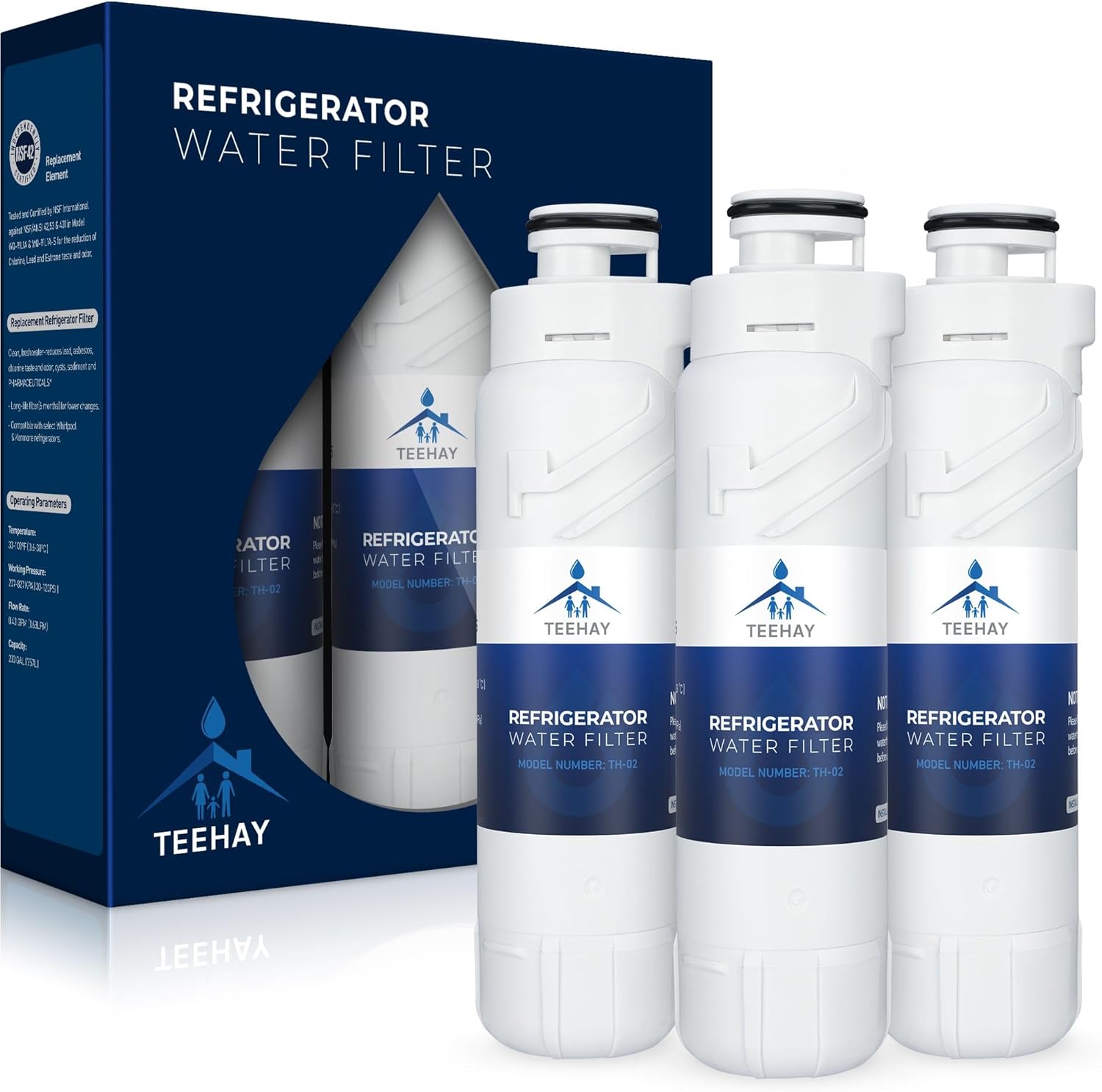 Three-pack of TEEHAY refrigerator water filters.