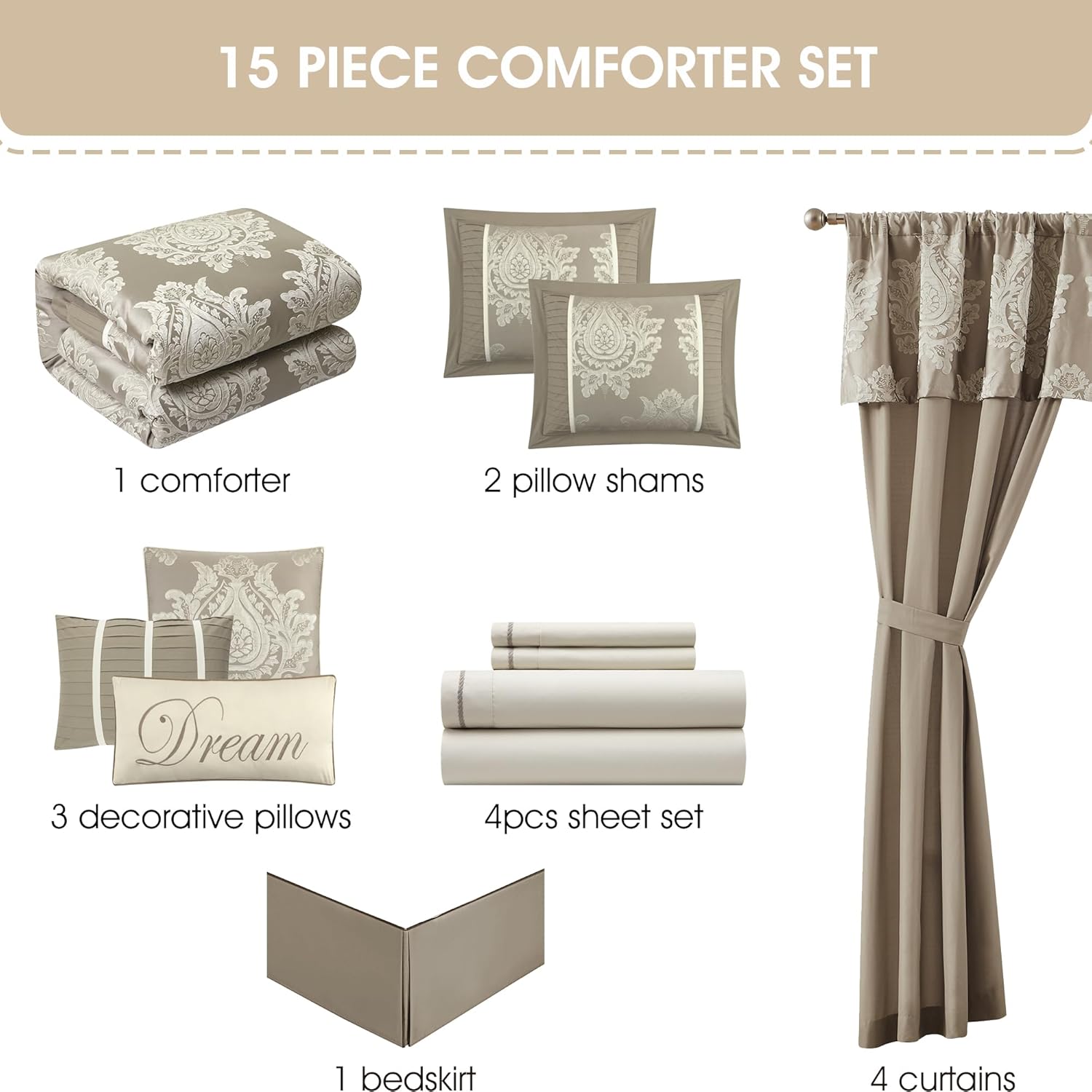 Grand Avenue Beige Comforter Set Queen, Elegant Patchwork Damask Jacquard Bedding Set, 15 Pieces Room in a Bag, Matching Bedskirt, Flat Sheet, Fitted Sheet, Pillow Shams, Curtains