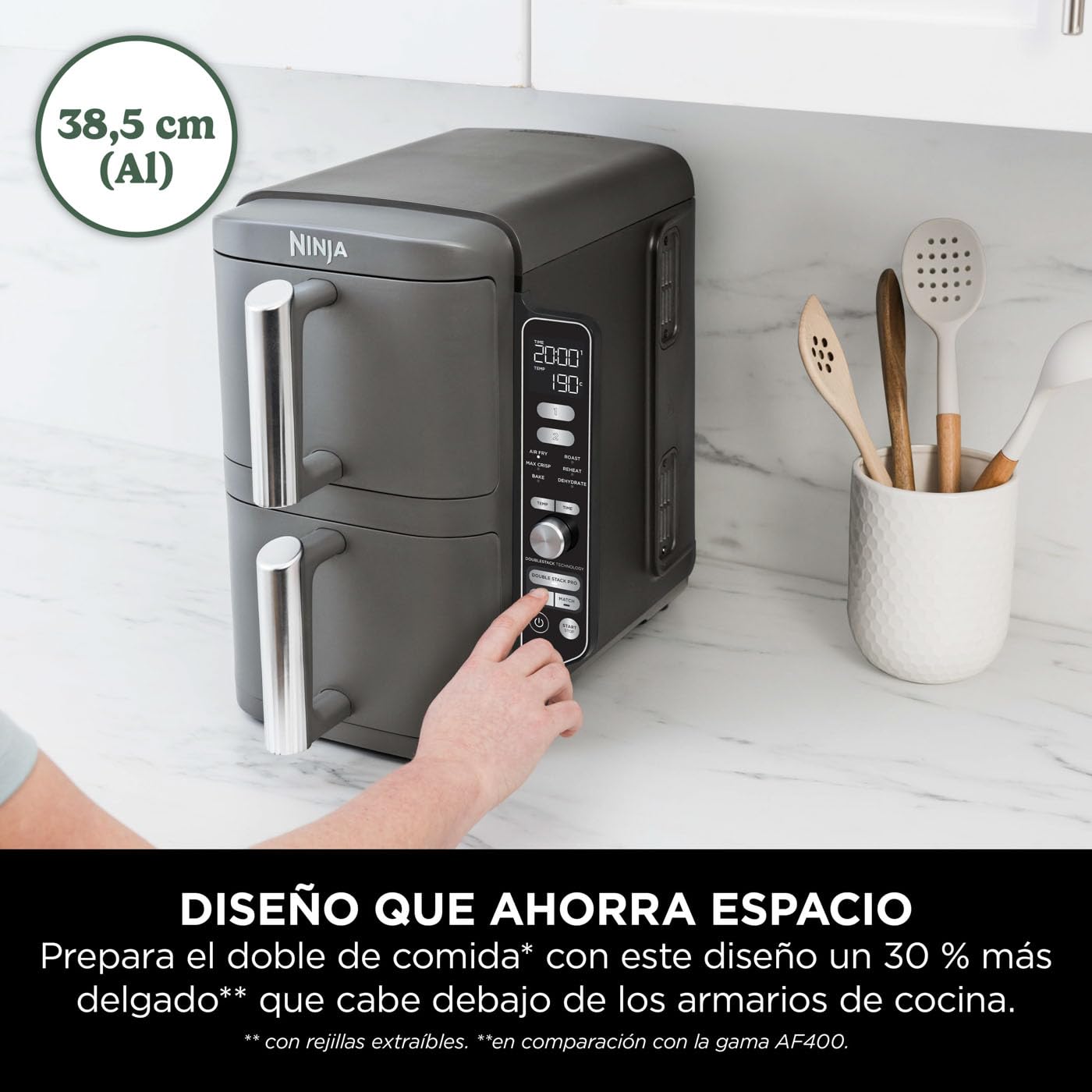 Ninja Double Stack XL Freidora de aire, 9,5 l, Doble cesta vertical, 4 niveles de cocción, 2 cestas y 2 rejillas, diseño para ahorrar más espacio, 6 funciones de cocción, 8 porciones, en gris, SL400EU