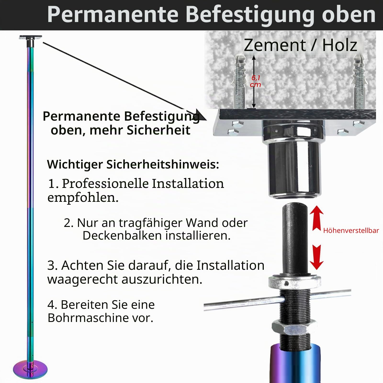 PRIOR FITNESS Feste Poledance-Stange,45mm,CE-Zertifiziert, für Zuhause | Fest installierbar, höhenverstellbar 2,2–2,7 m, Traglast 200 kg, drehbar & fest, stabiler Stahl, für Studio, Wohnung & Club
