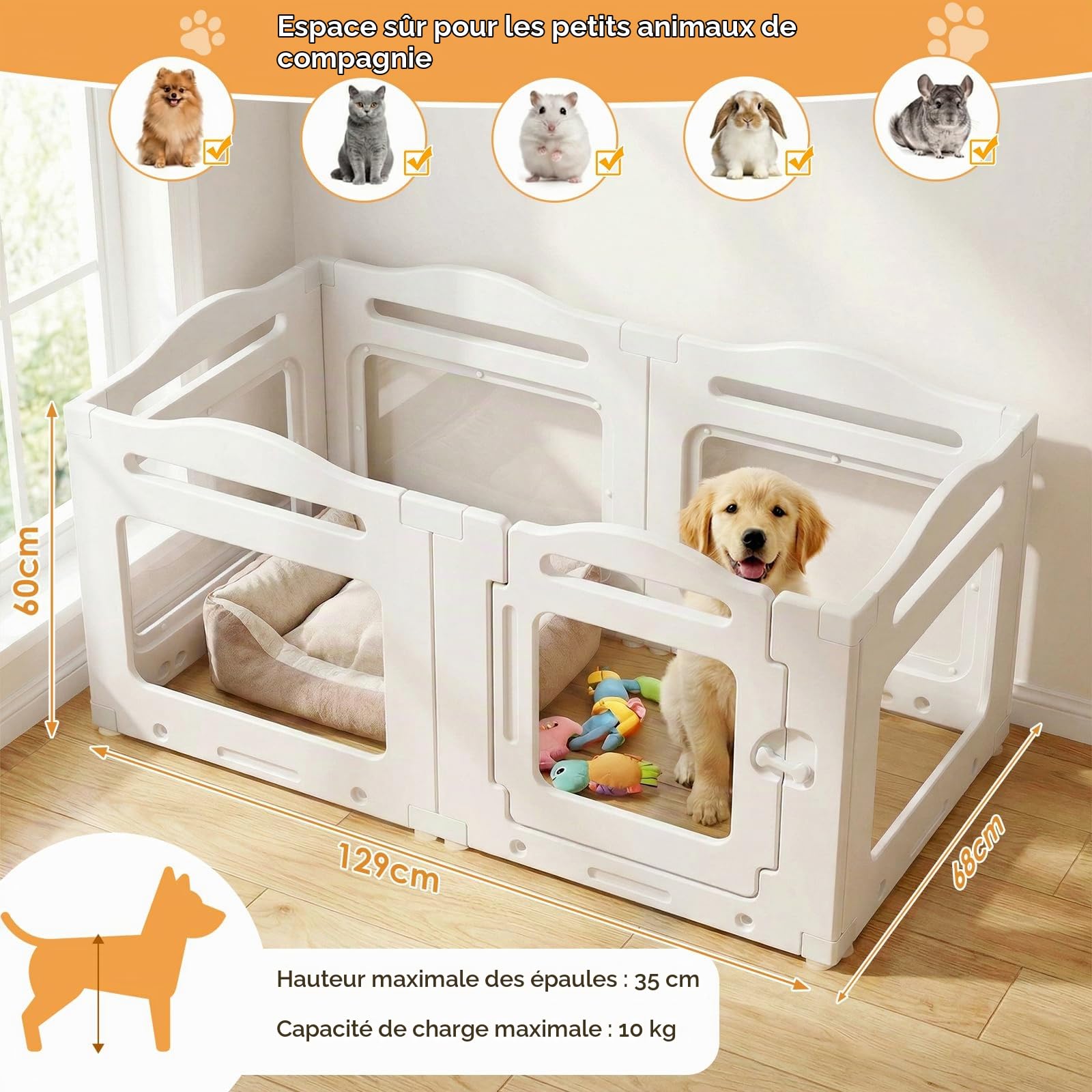 MAMIZO Parc pour Chiot en Acrylique 129 × 68× 60 cm, Enclos pour Chien | 6 PCS Parc Chien Interieur avec Ventouses, Panneaux Caisse Mise Bas pour Chiots avec Porte Verrouillable, Blanc